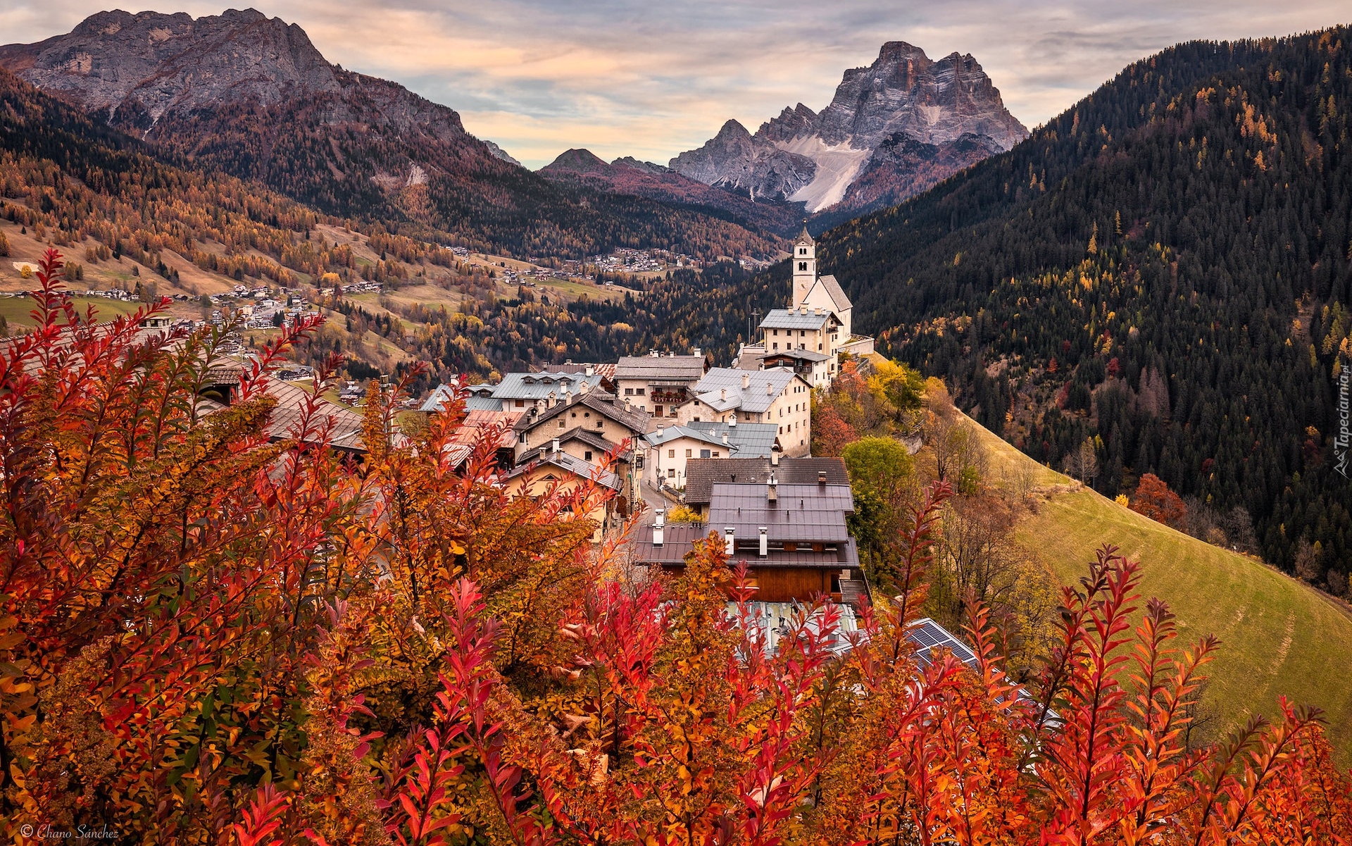 Włochy, Prowincja Belluno, Gmina Colle Santa Lucia, Góry, Dolomity, Jesień, Domy, Kościół