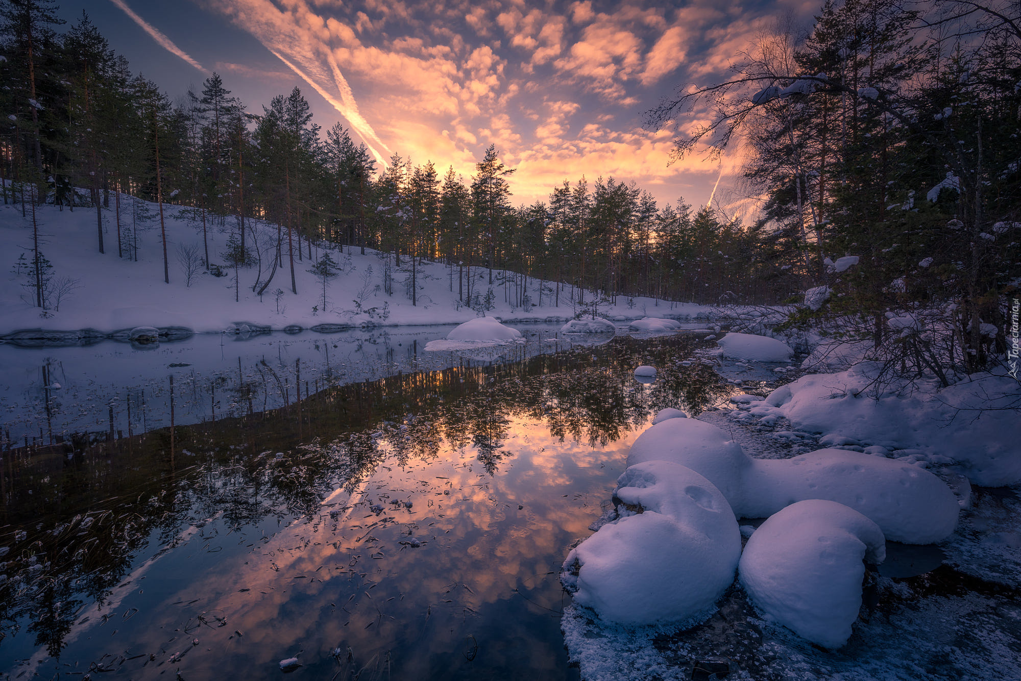 Norwegia, Gmina Ringerike, Zima, Śnieg, Zachód słońca, Jezioro, Las, Drzewa