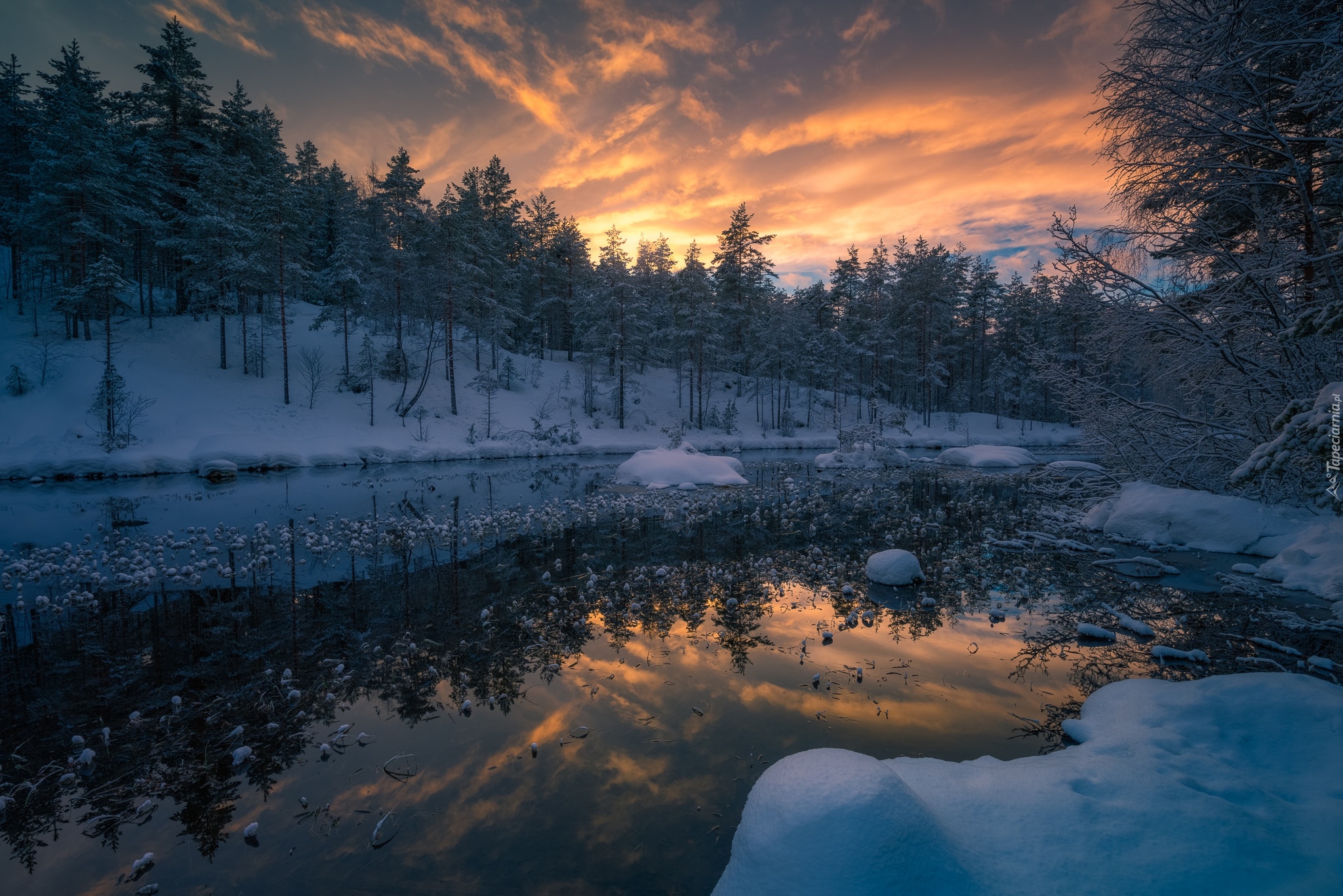 Norwegia, Gmina Ringerike, Zima, Śnieg, Zachód słońca, Jezioro, Las, Drzewa