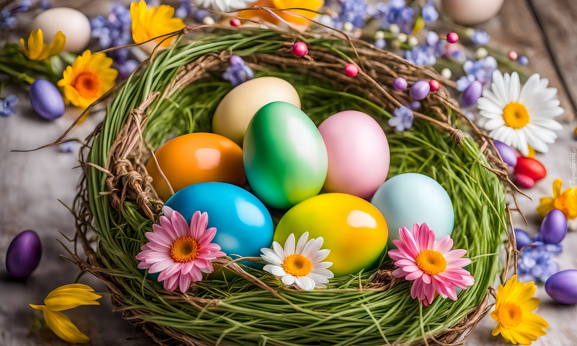 Wielkanoc, Kolorowe, Pisanki, Gniazdko, Grafika AI