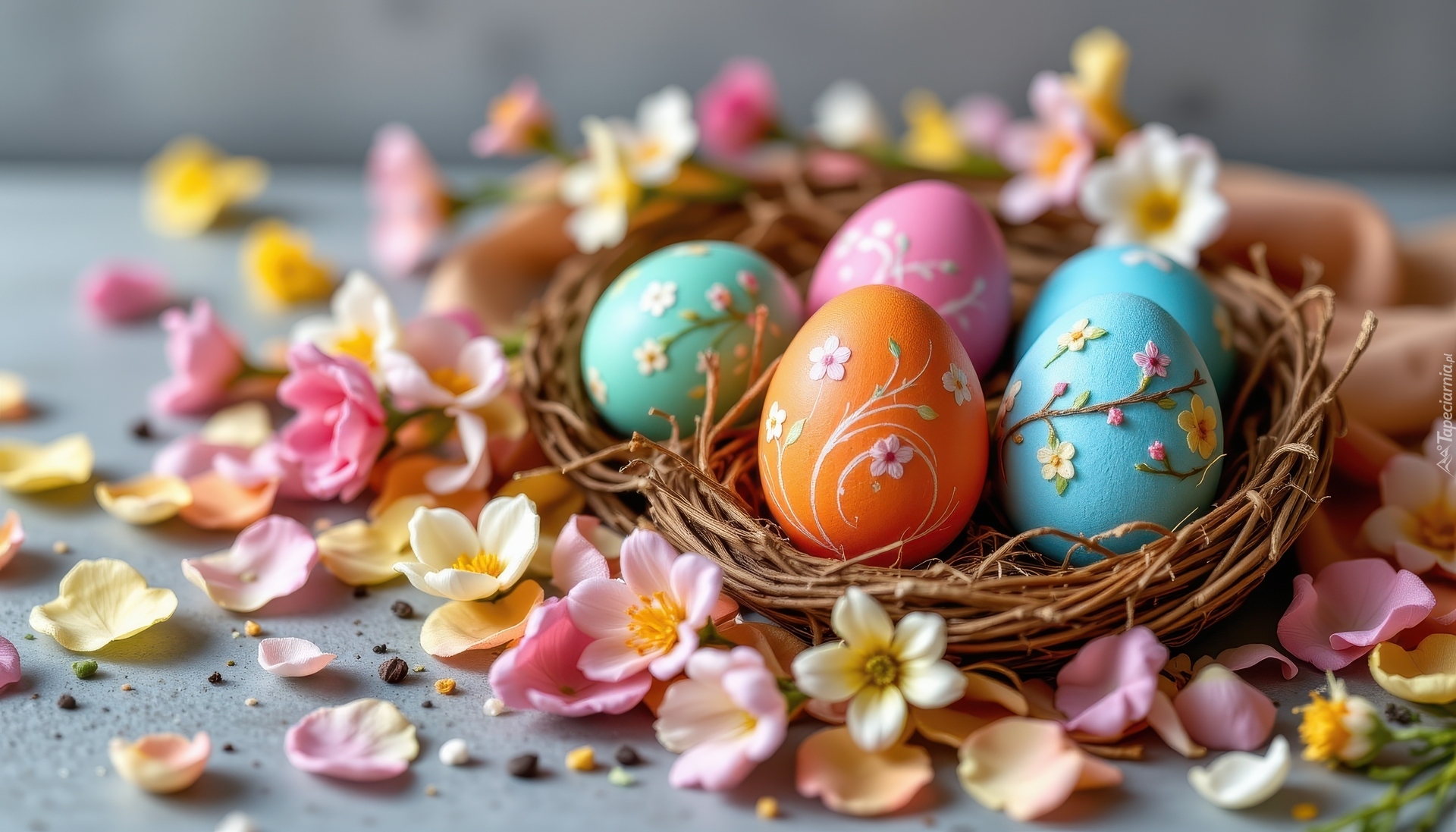 Kolorowe, Jajka, Pisanki, Gniazdo, Płatki, Kwiaty, Wielkanoc
