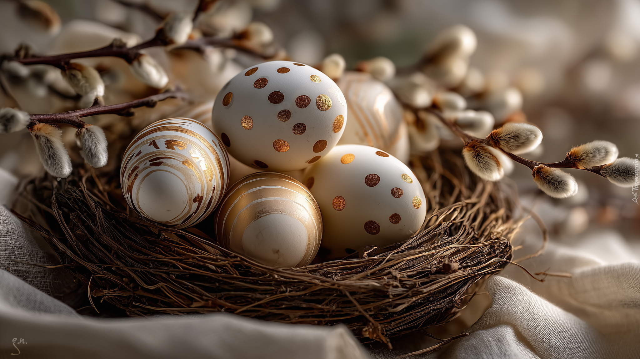 Gniazdko, Pisanki, Złote, Wzory, Bazie, Wielkanoc, Grafika AI