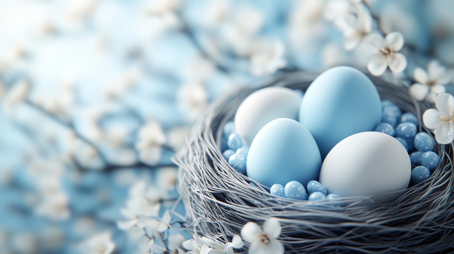 Błękitne, Pisanki, Gniazdo, Wielkanoc, Grafika AI