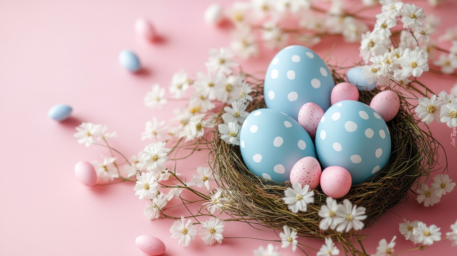 Pisanki, Niebieskie, Gniazdo, Białe, Kwiatki