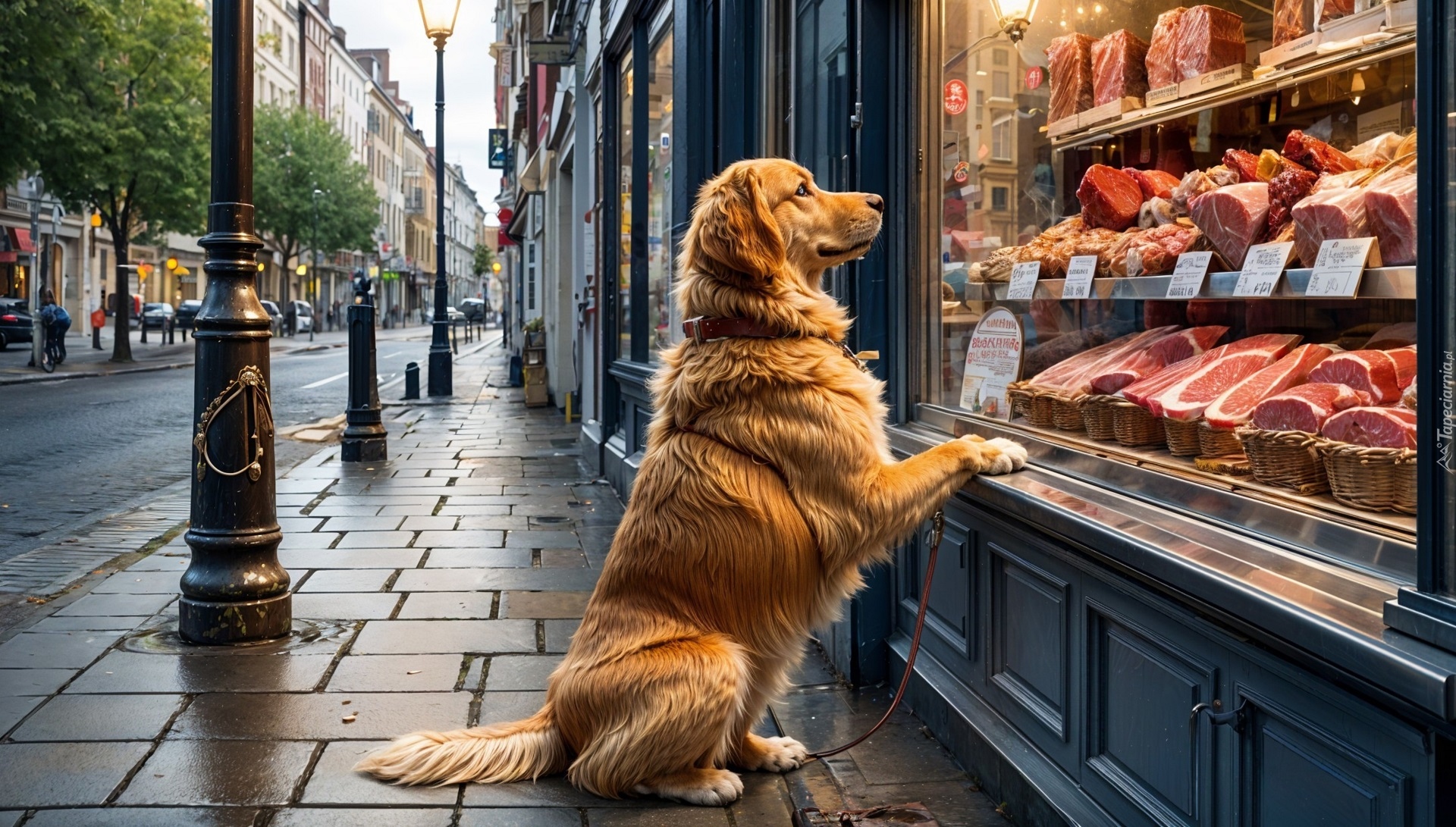 Pies, Golden retriever, Sklep, Mięso, Wystawa, Chodnik, Ulica