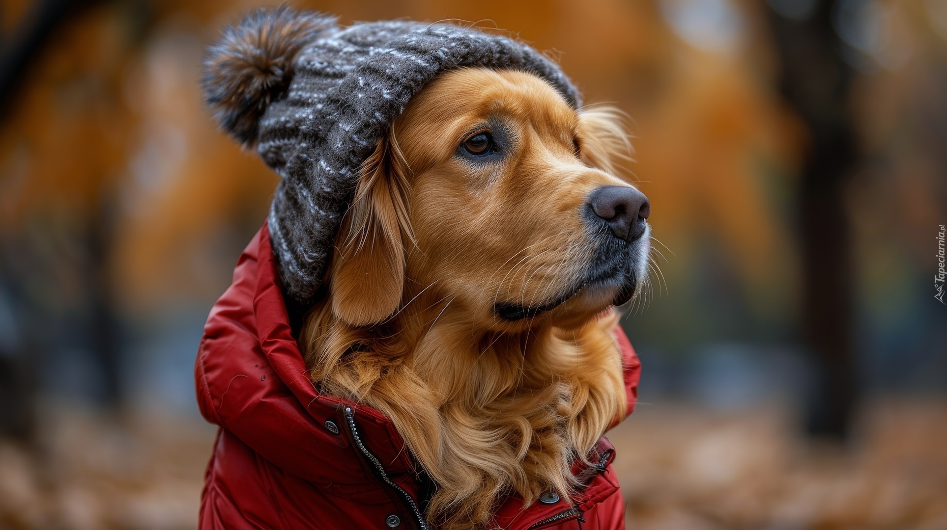 Pies, Czerwona, Kurtka, Czapka, Golden retriever