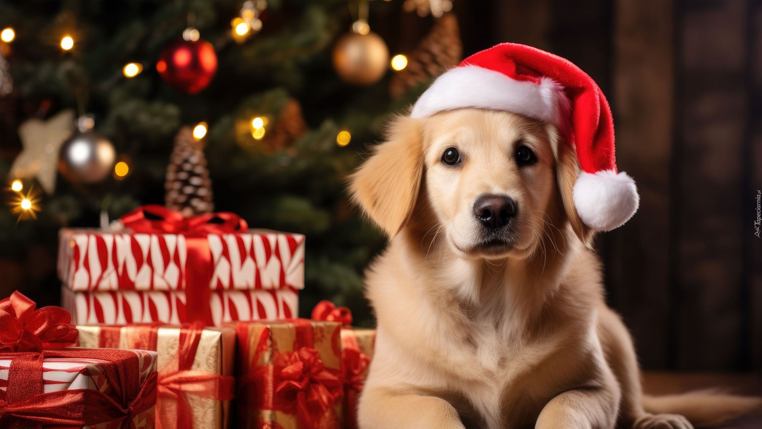 Golden retriever, Pies, Mikołaj, Prezenty