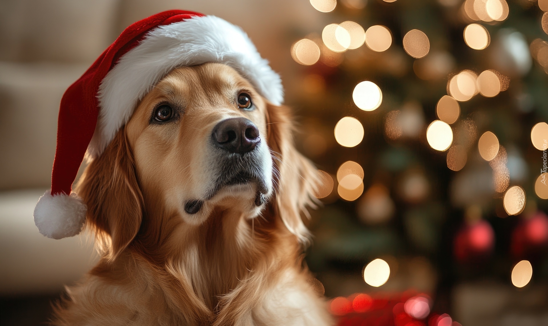 Pies, Golden retriever, Czapka, Mikołaja, AI