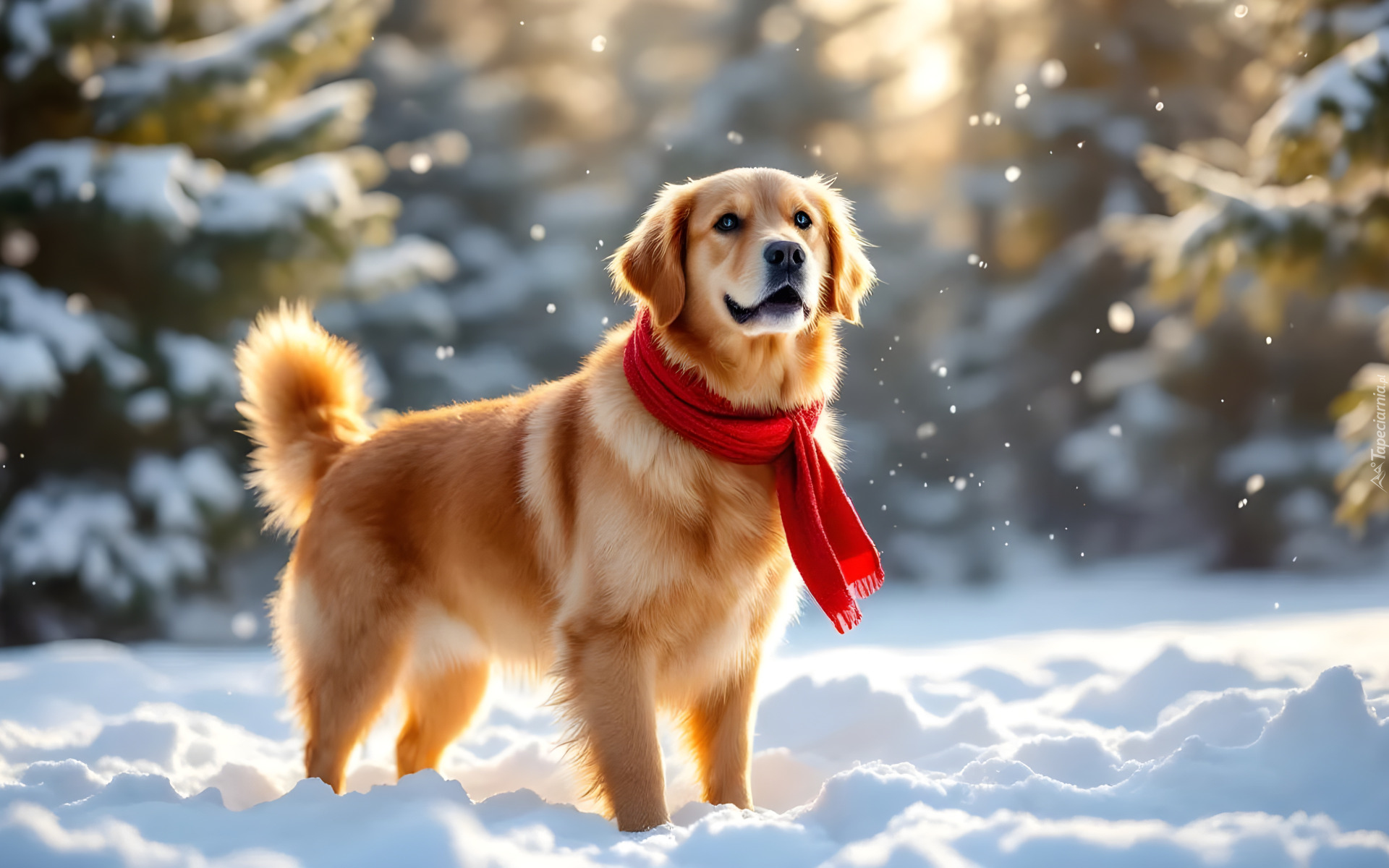 Zima, Pies, Golden retriever, Czerwony, Szalik, Śnieg, Grafika AI