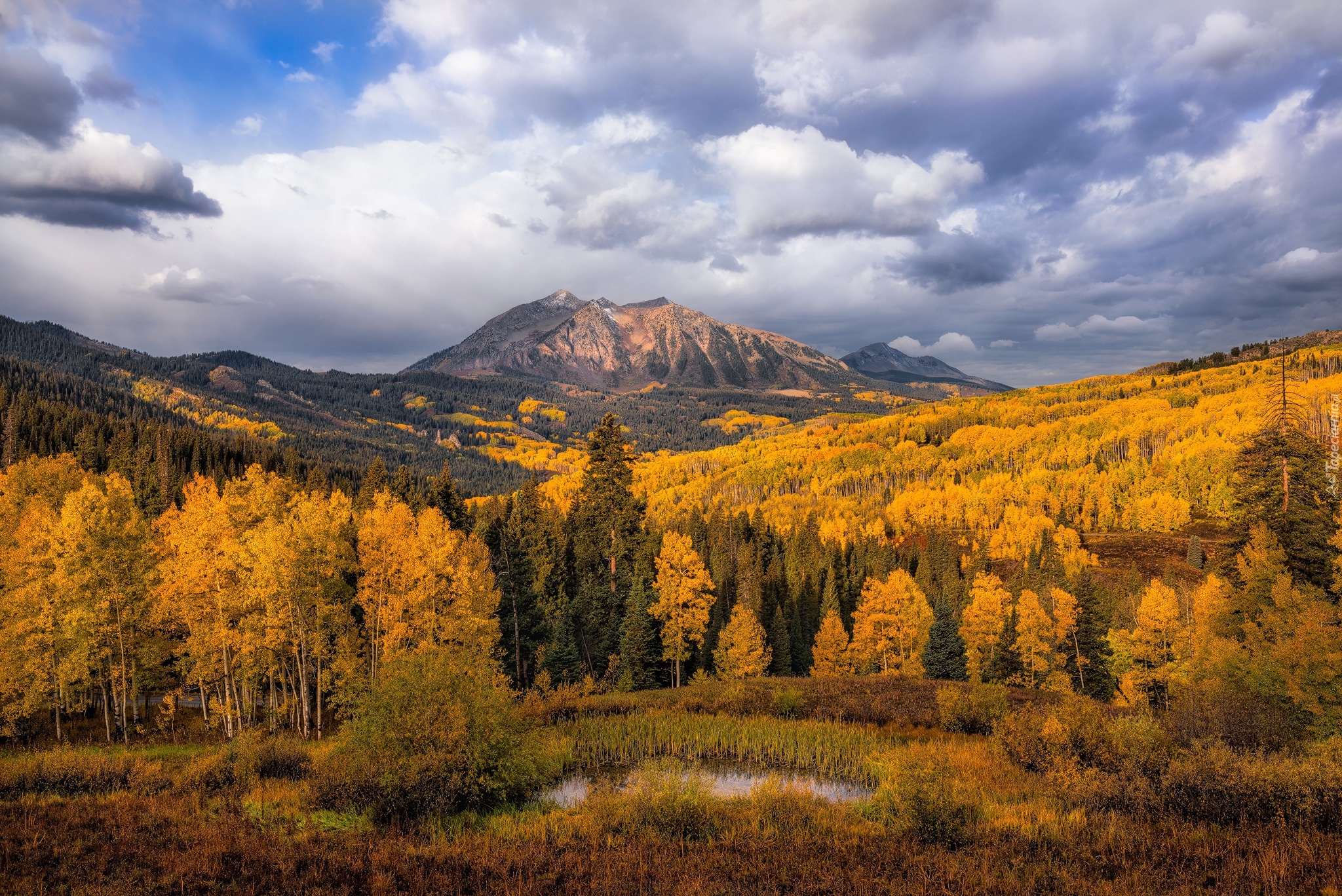 Jesień, Góry East Beckwith Mountain, Drzewa, Niebo, Chmury, Hrabstwo Gunnison, Stan Kolorado, Stany Zjednoczone