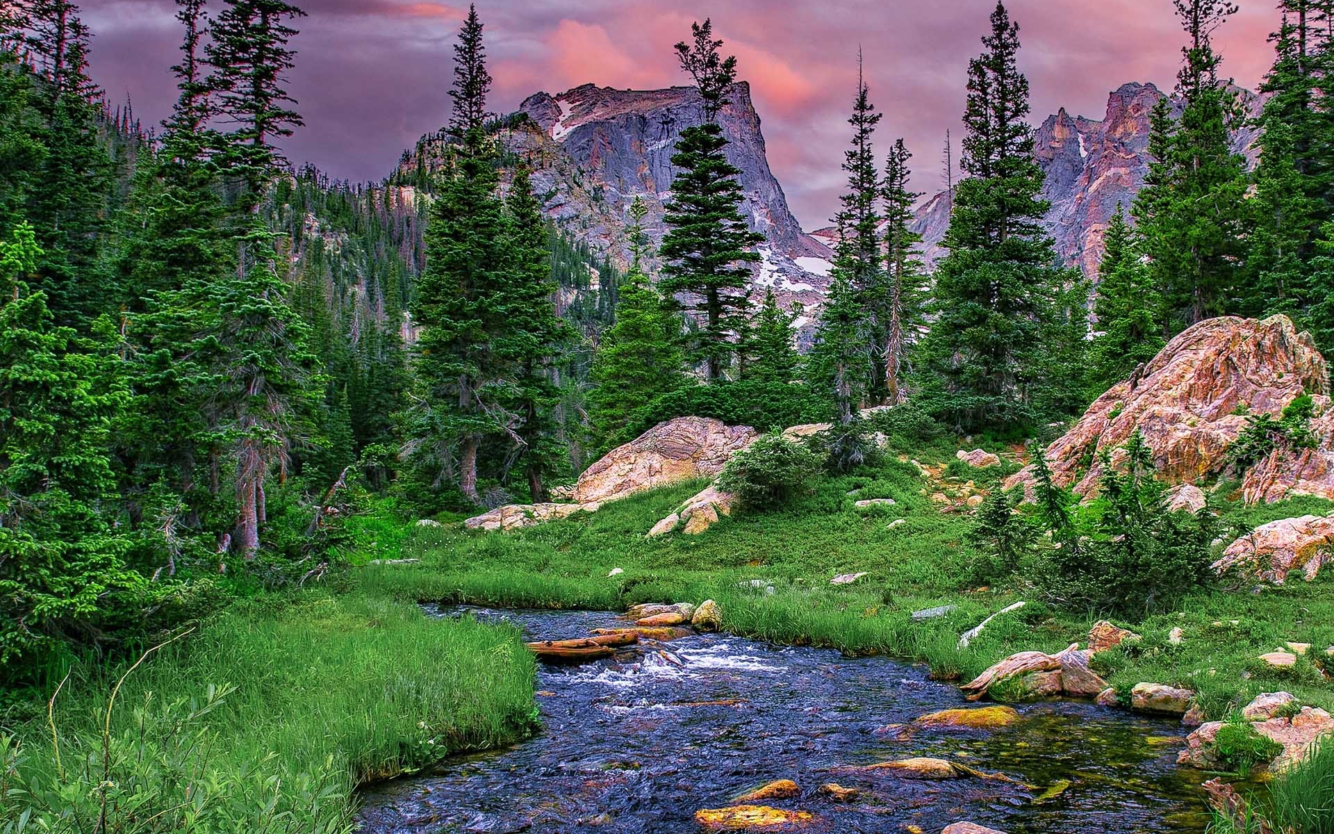 Stany Zjednoczone, Kolorado, Park Narodowy Gór Skalistych, Góry, Hallet Peak, Rzeka, Drzewa, Skały