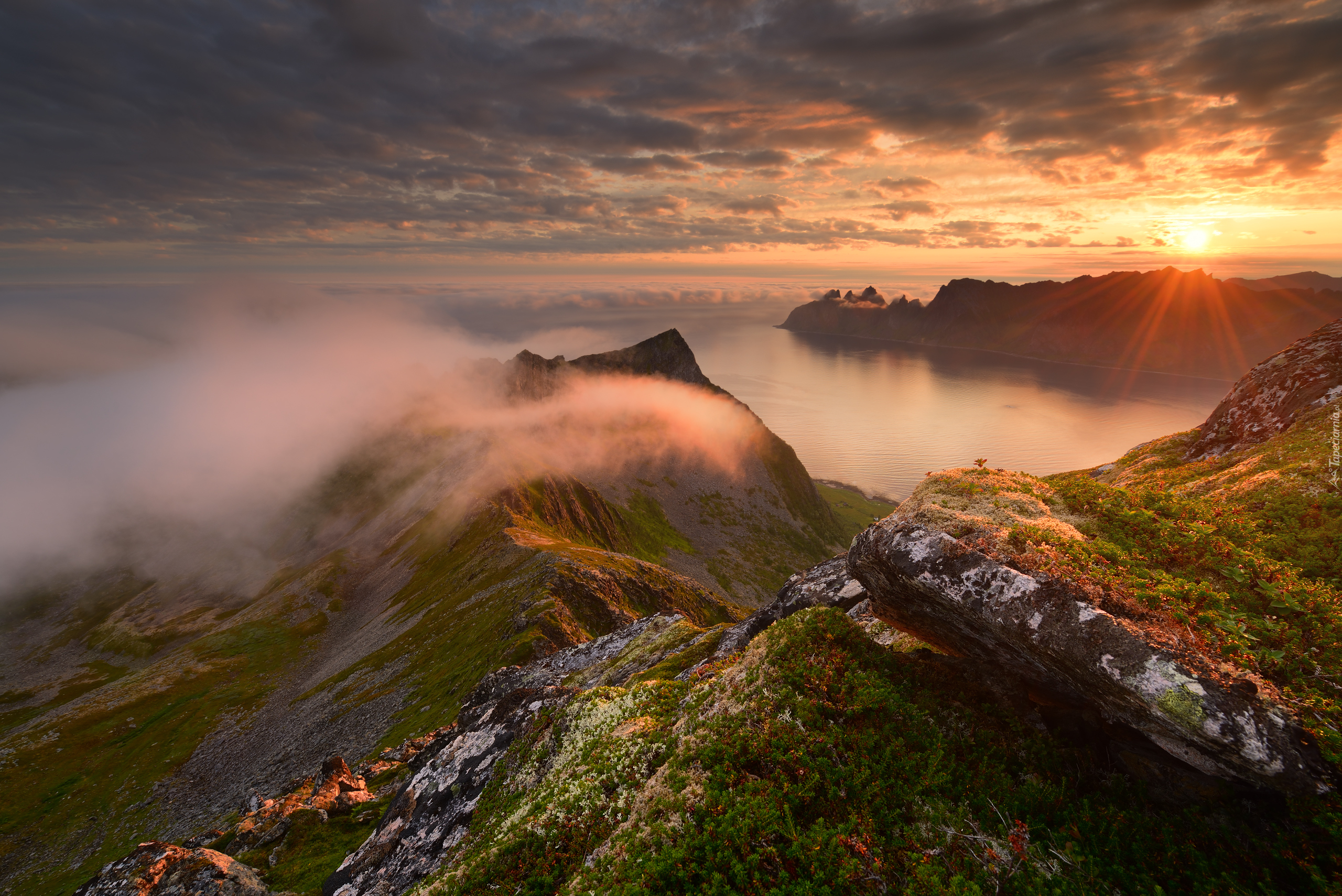 Norwegia, Wyspa Senja, Góry, Góra Husfjellet, Morze, Skały, Roślinność, Wschód słońca, Mgła