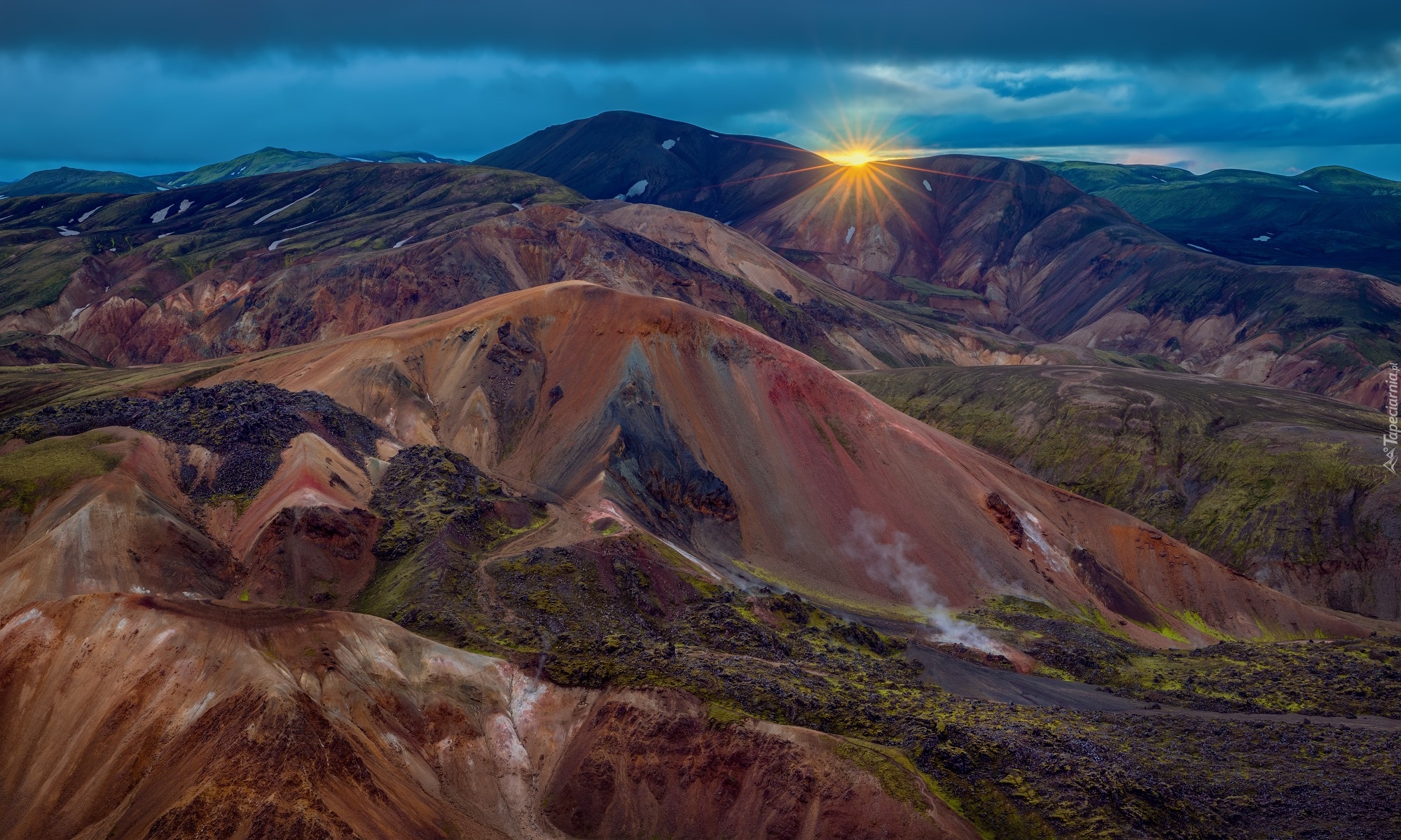 Kolorowe, Góry, Góra Landmannalaugar, Skały, Promienie słońca, Islandia