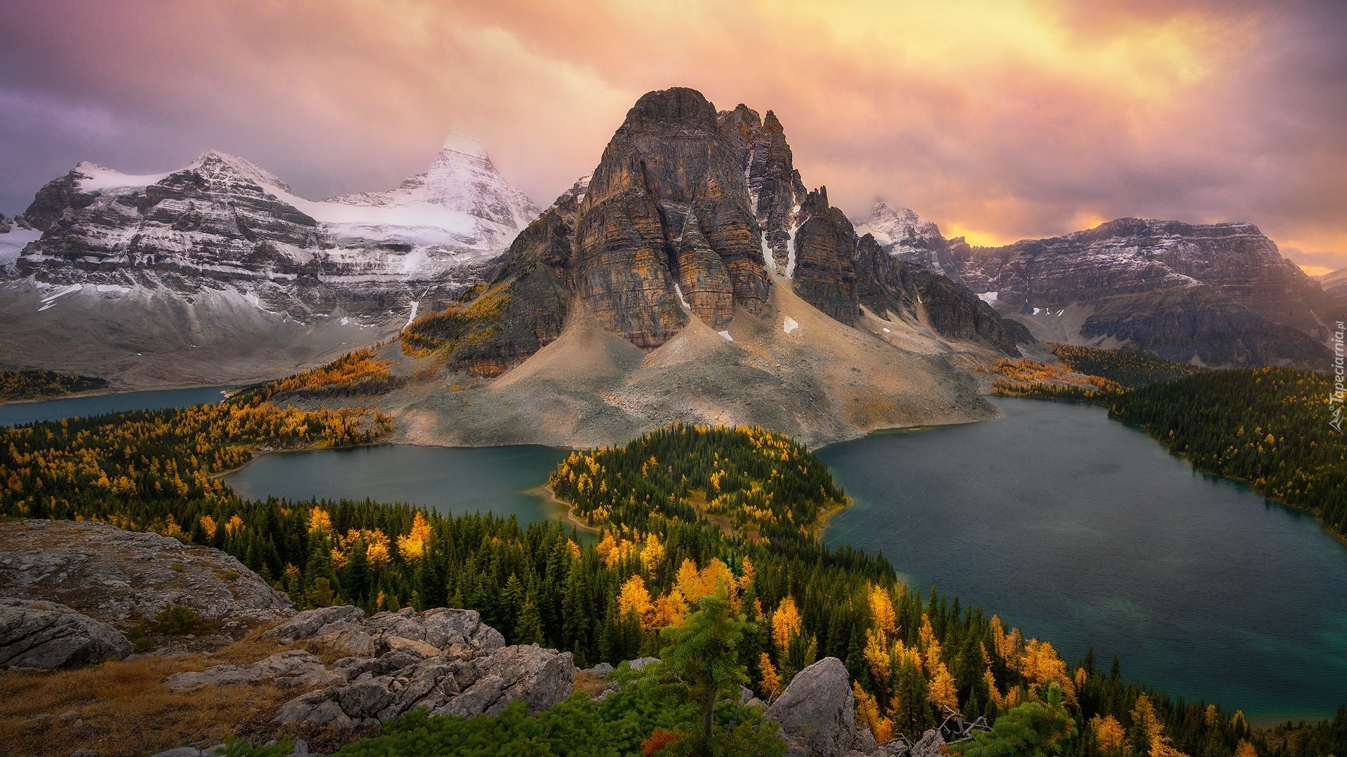Kanada, Kolumbia Brytyjska, Park Prowincjonalny Mount Assiniboine, Góra Mount Assiniboine, Jeziora, Góry, Jesień