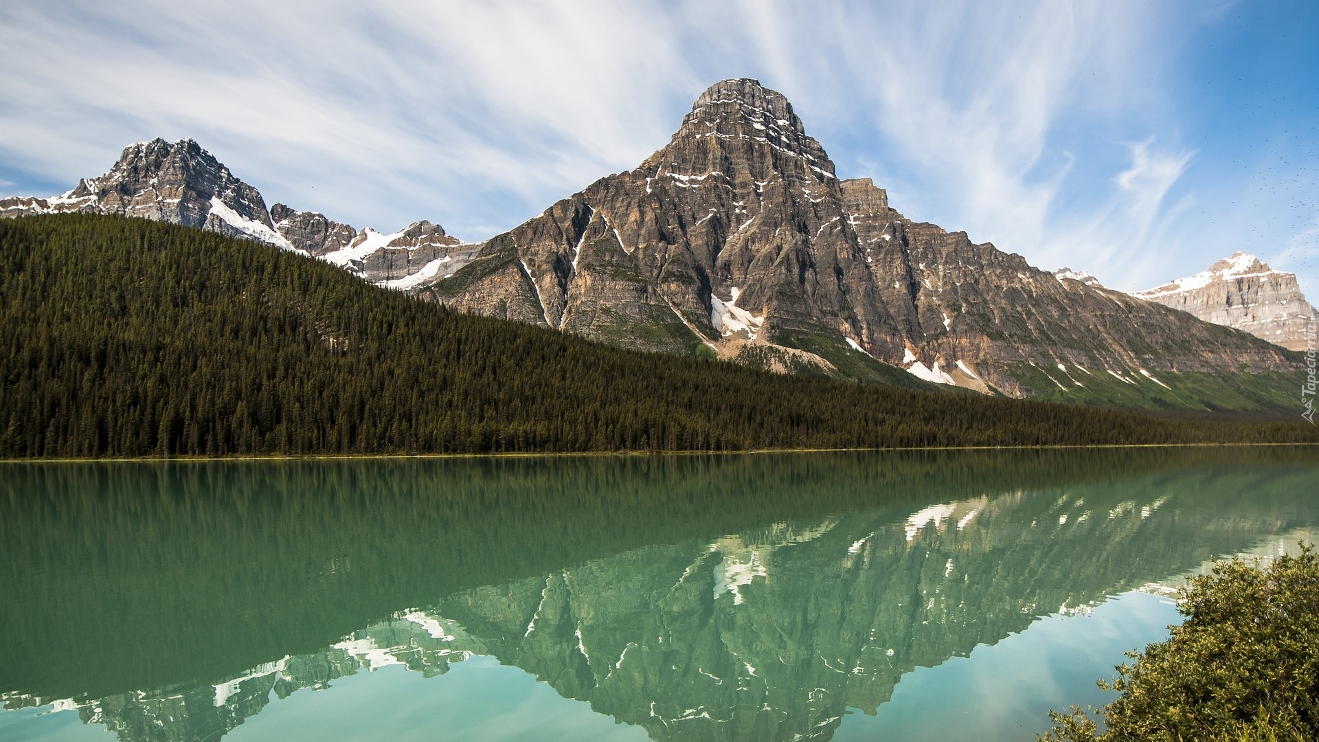 Góry, Góra, Mount Chephren, Jezioro, Waterfowl Lakes, Drzewa, Park Narodowy Banff, Kanada