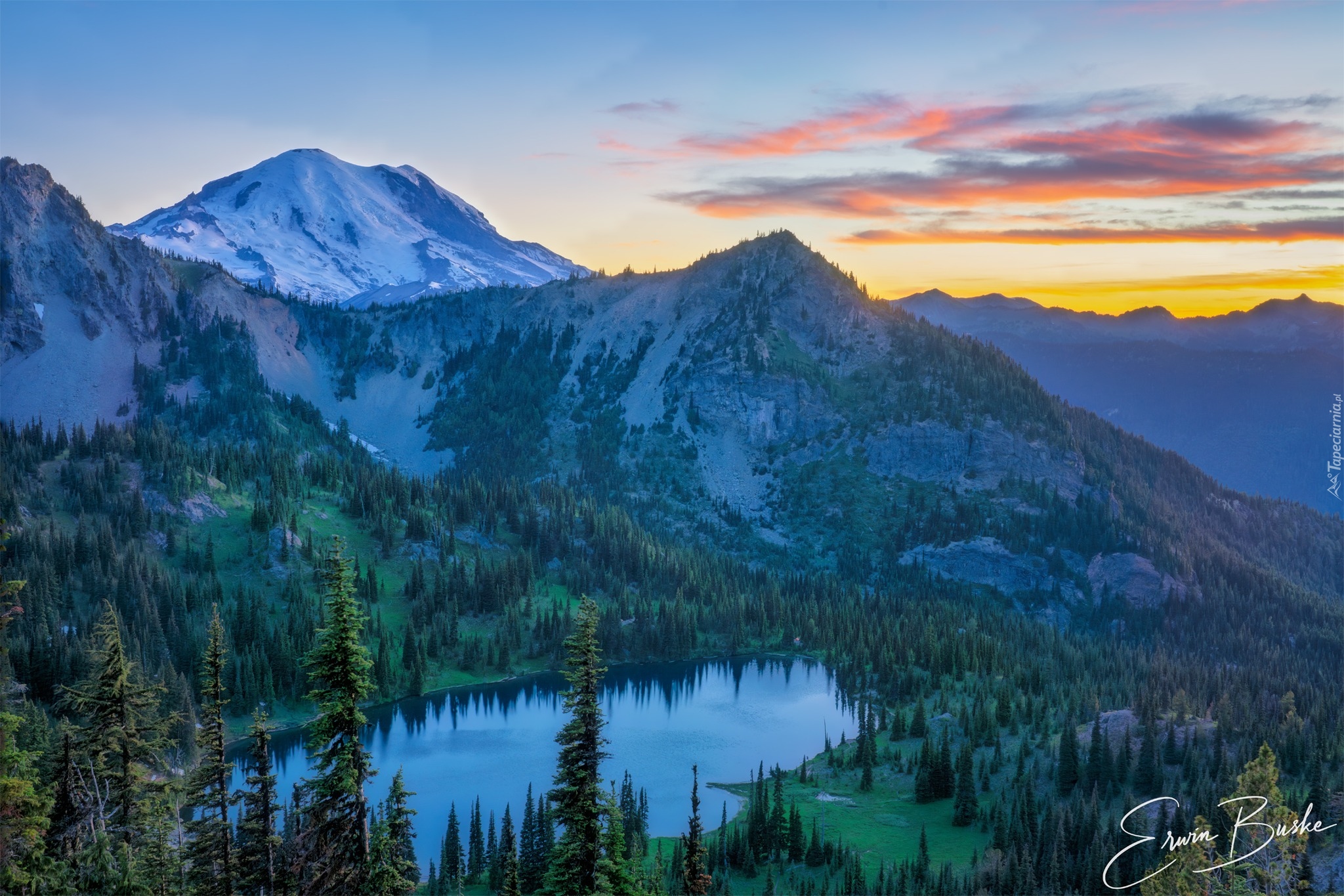 Stany Zjednoczone, Waszyngton, Park Narodowy Mount Rainier, Góra, Mount Rainier, Jezioro, Tipsoo Lake, Las, Drzewa, Zachód słońca