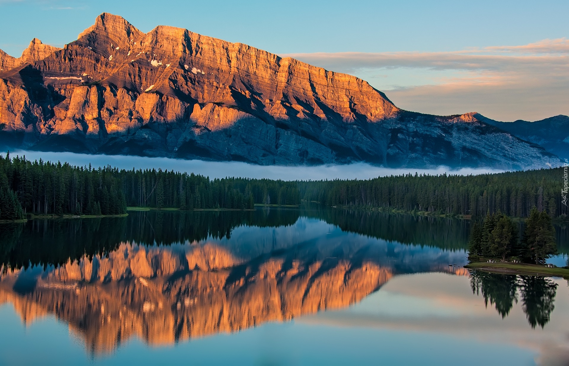 Jezioro, Two Jack Lake, Góry Skaliste, Góra Mount Rundle, Park Narodowy Banff, Las, Odbicie, Alberta, Kanada
