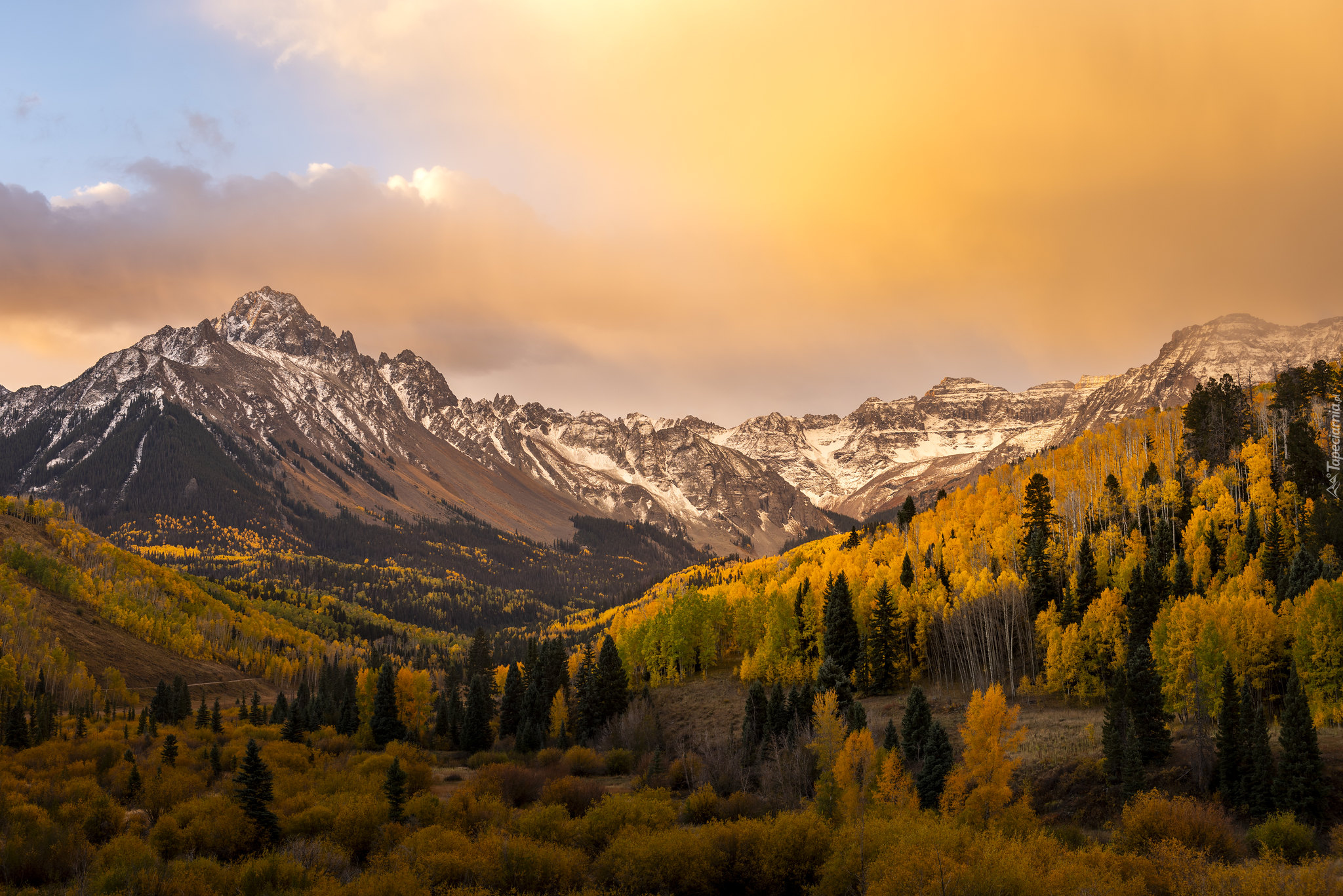 Jesień, Kolorowe, Drzewa, Las, Góry, Mount Sneffels, Wschód słońca, Stan Kolorado, Stany Zjednoczone
