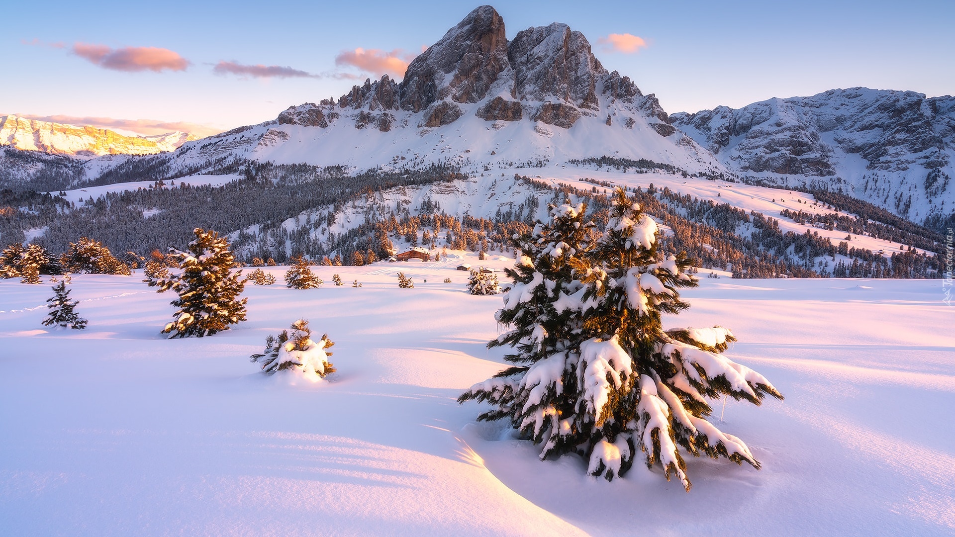 Góry, Dolomity, Góra Peitlerkofel, Przełęcz, Passo delle Erbe, Śnieg, Drzewa, Zima, Południowy Tyrol, Włochy