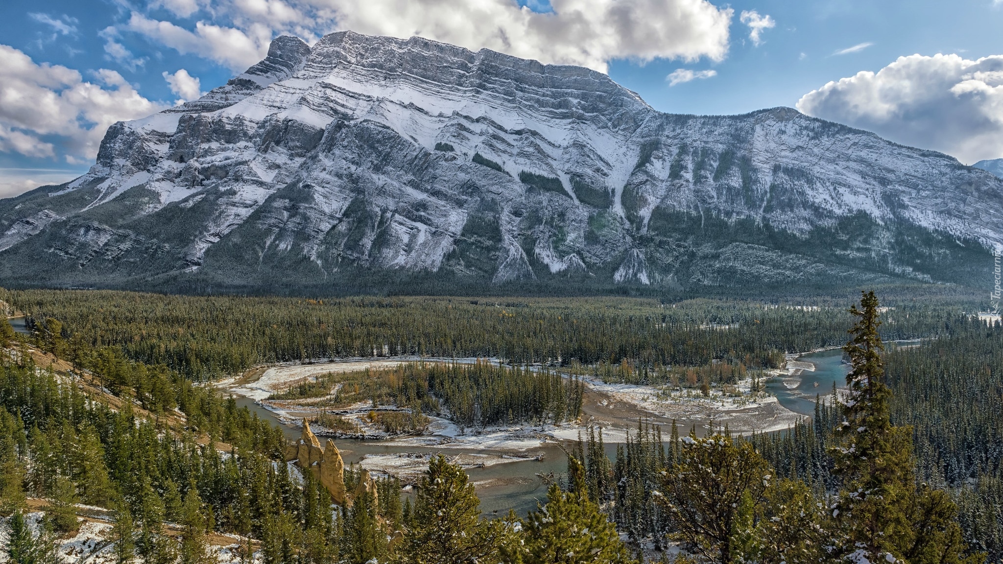 Góra, Mount Rundle, Rzeka, Bow River, Lasy, Park Narodowy Banff, Kanada