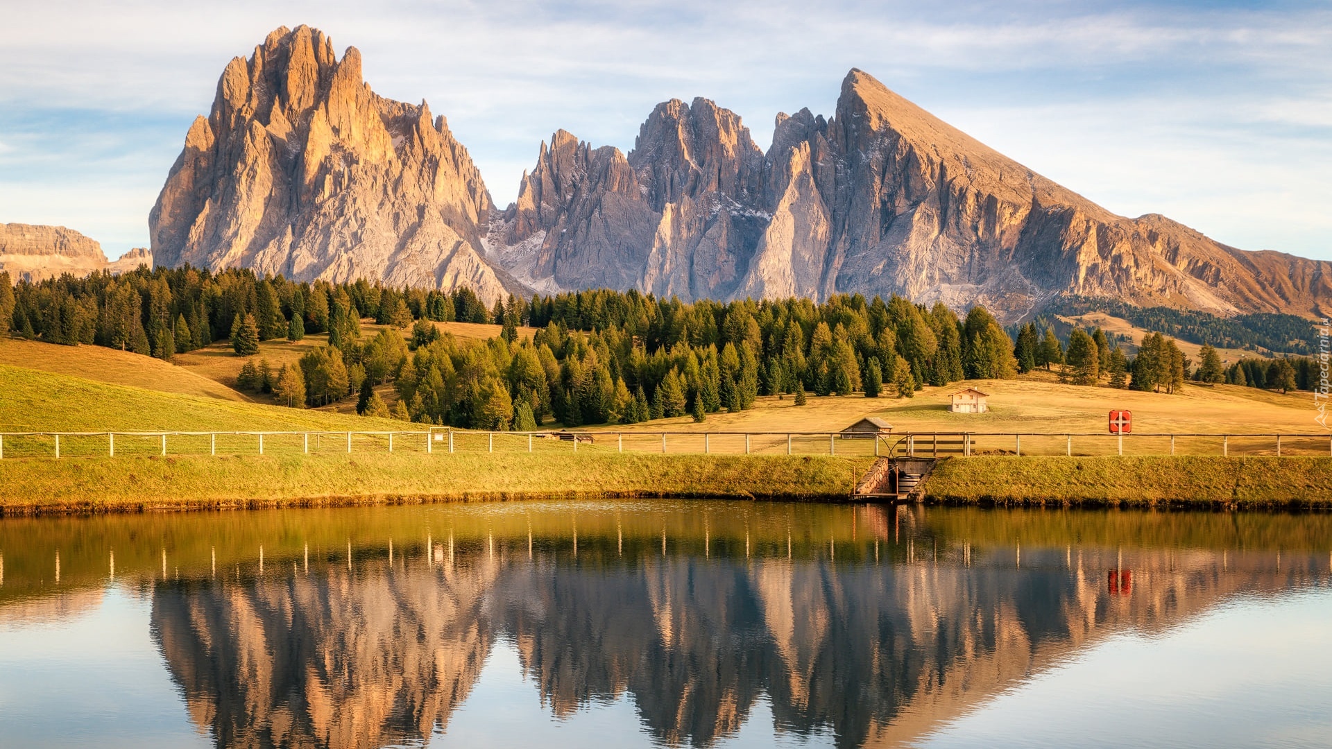 Góry, Dolomity, Góra Schlern, Drzewa, Staw, Domy, Tyrol, Włochy