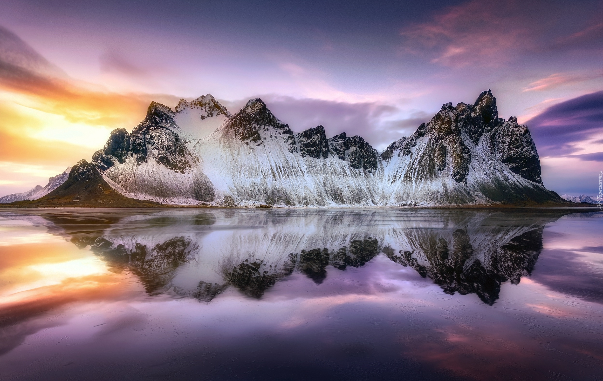 Islandia, Ośnieżona, Góra Vestrahorn, Morze, Odbicie, Zachód słońca