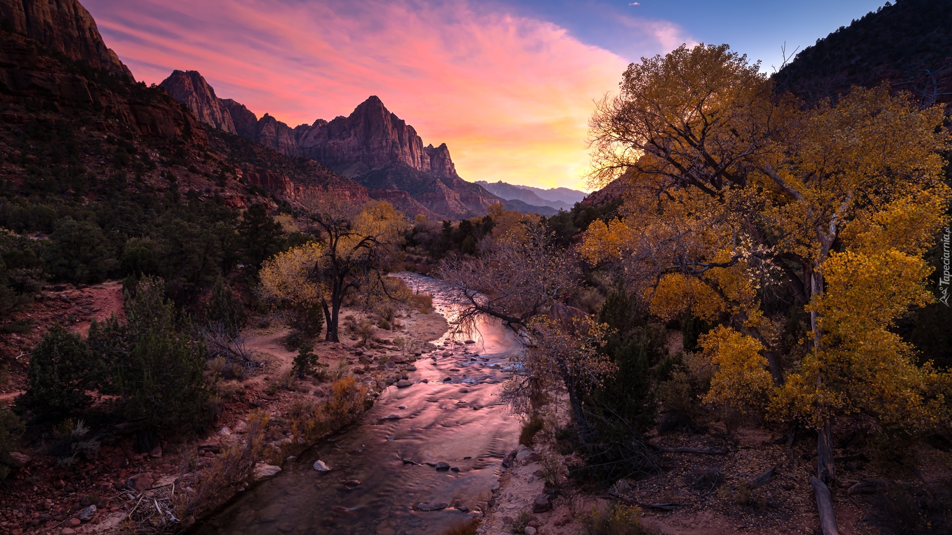 Park Narodowy Zion, Stan Utah, Rzeka, Kamienie, Drzewa, Góra Watchman, Rzeka Virgin River, Skały, Zachód słońca, Stany Zjednoczone