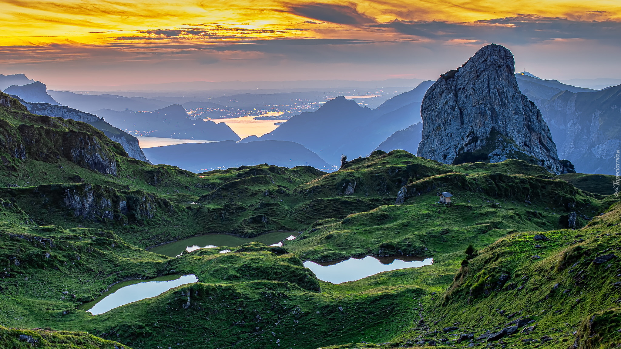 Góry, Alpy, Skały, Jeziora, Domek, Schwyz, Kanton Schwyz, Szwajcaria