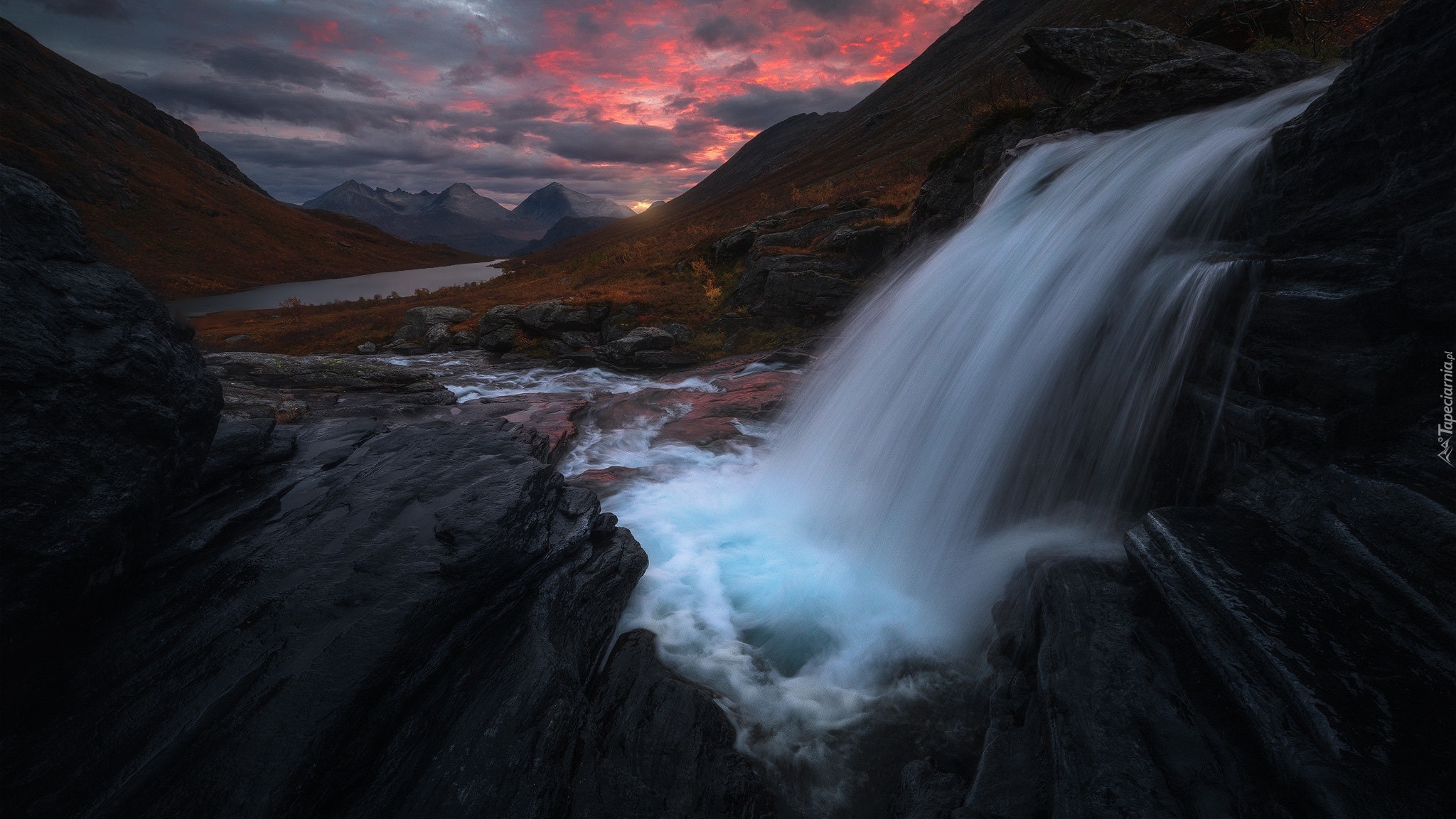 Wodospad, Góry, Wschód słońca, Rzeka, Romsdalen, Norwegia
