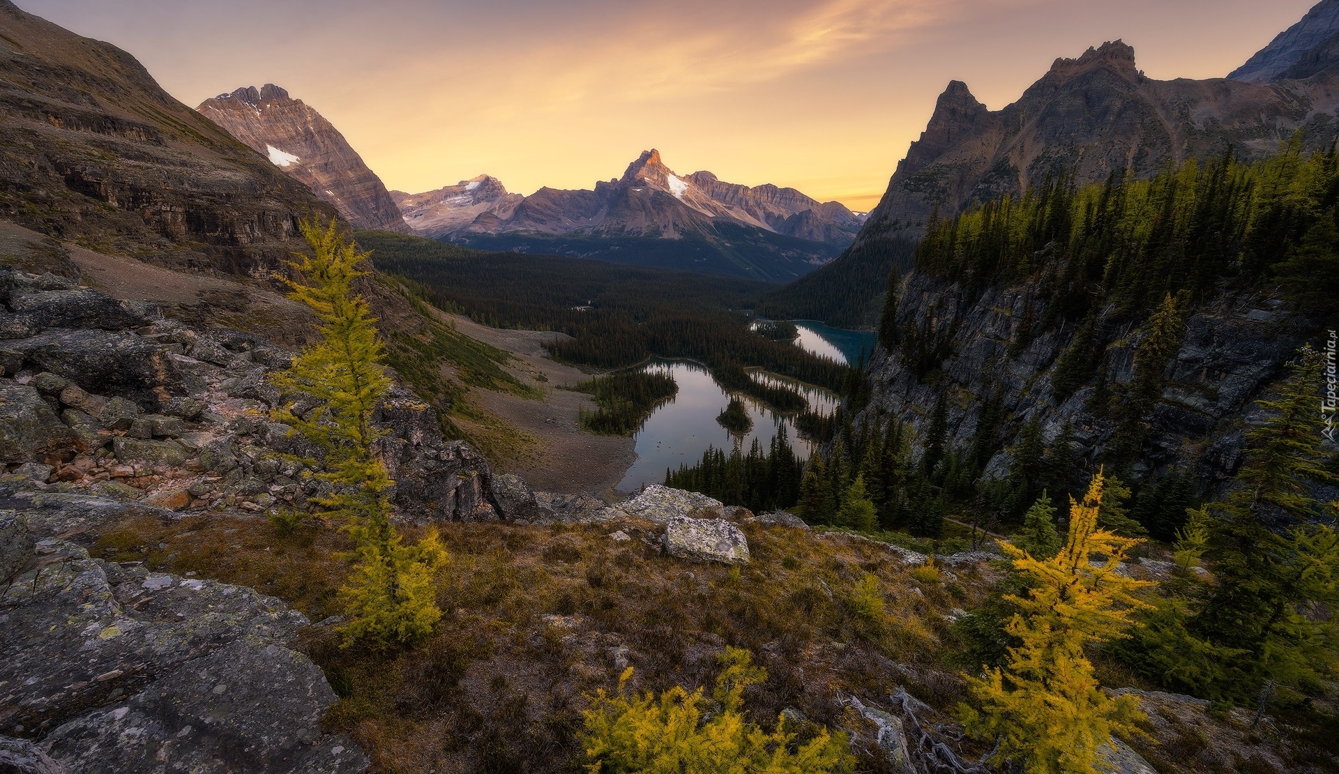 Kanada, Kolumbia Brytyjska, Park Narodowy Yoho, Jeziora, Mary Lake, Lake OHara, Góry, Drzewa