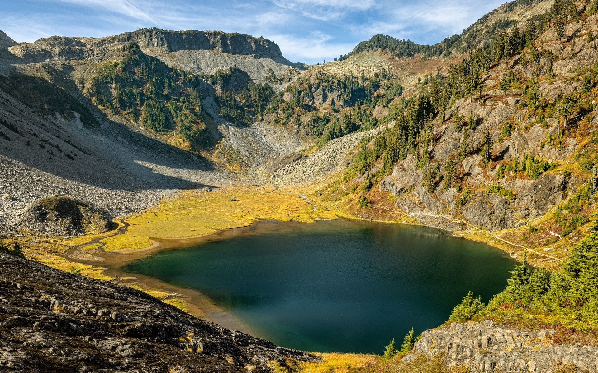 Góry, Jezioro, Bagley Lake, Drzewa, Stan Waszyngton, Stany Zjednoczone