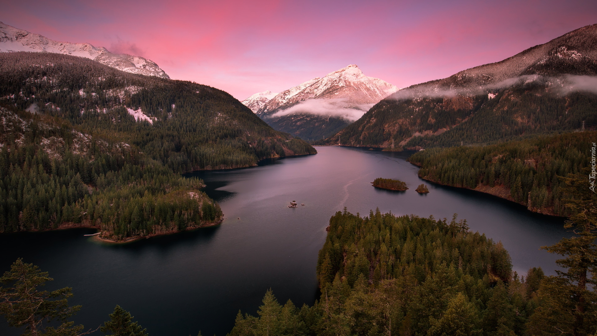 Góry, Jezioro, Diablo Lake, Drzewa, Park Narodowy Północnych Gór Kaskadowych, Stan Waszyngton, Stany Zjednoczone