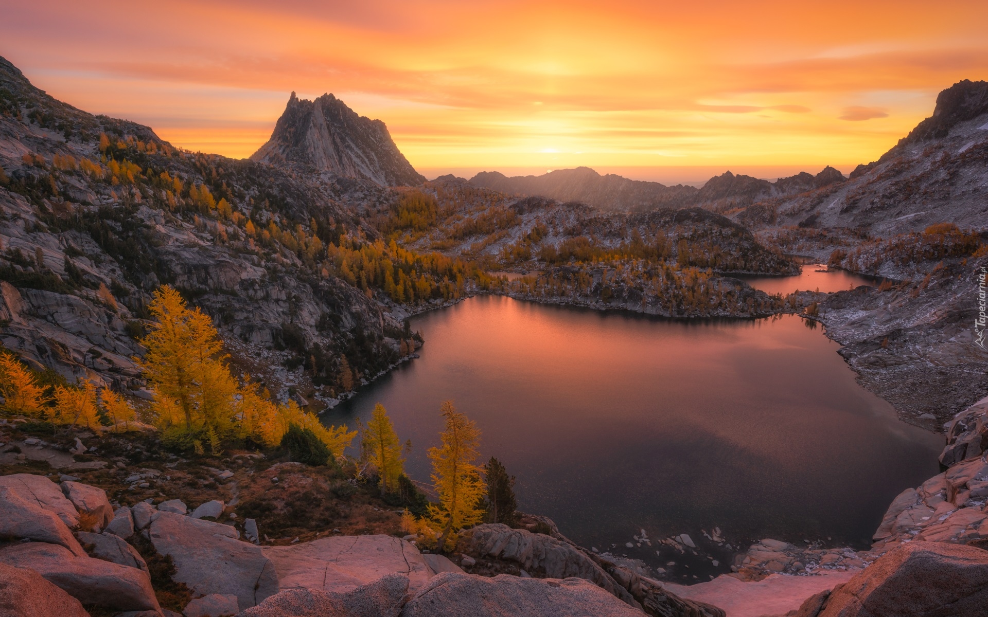 Góry Kaskadowe, Góry, Mount Shasta, Jezioro, Heart Lake, Zachód słońca, Kalifornia, Stany Zjednoczone