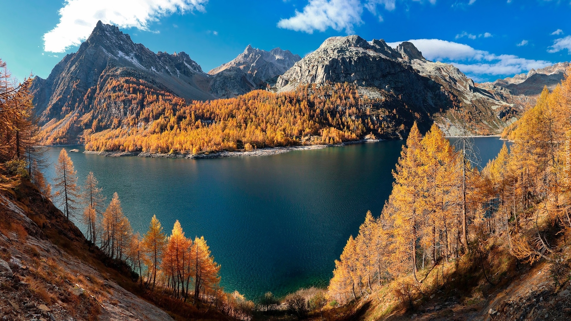 Jesień, Góry, Alpy, Drzewa, Modrzewie, Jezioro, Lago Devero, Włochy