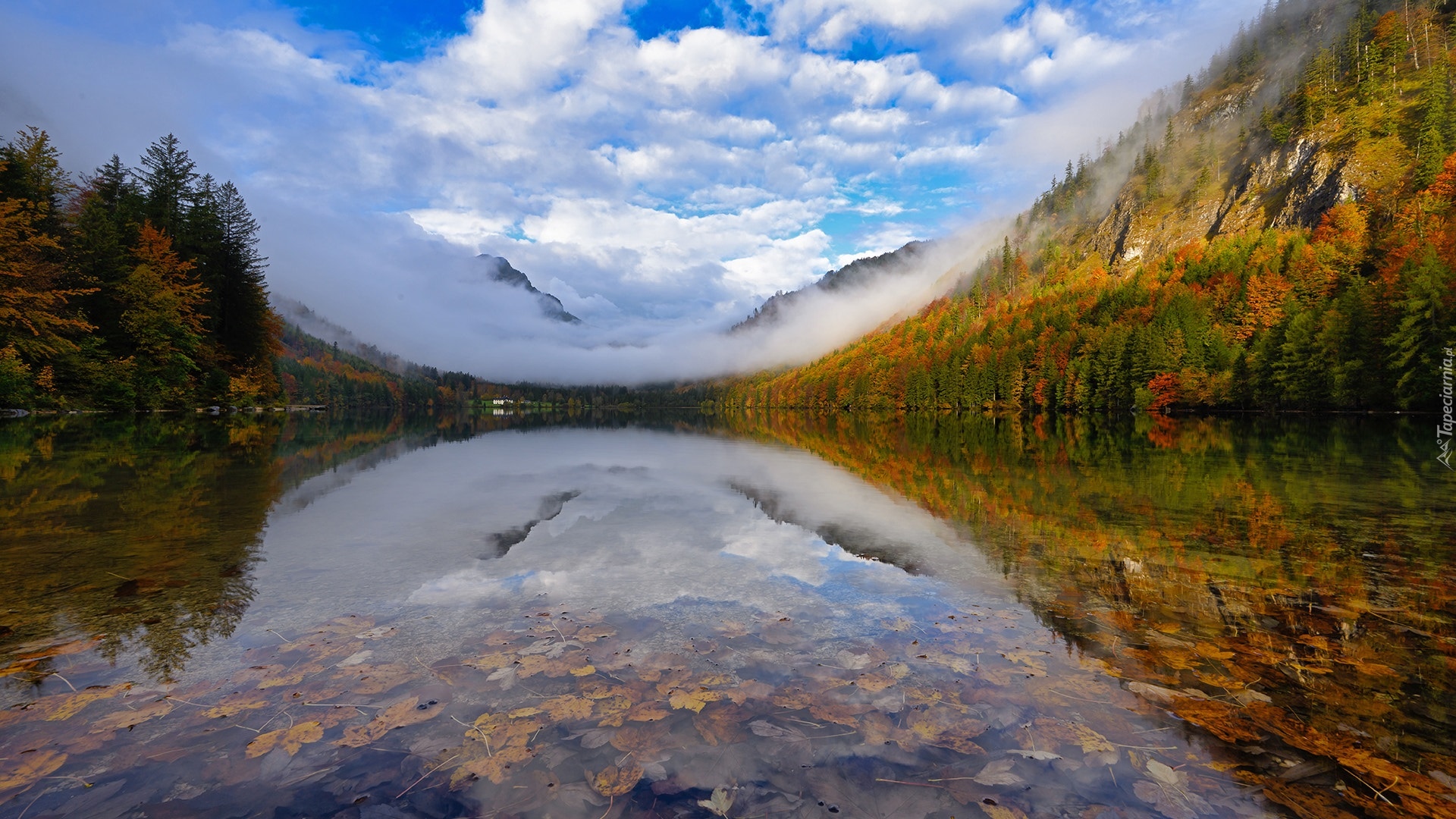 Jesień, Góry, Mgła, Jezioro Langbathseen, Kolorowe, Drzewa, Odbicie, Austria