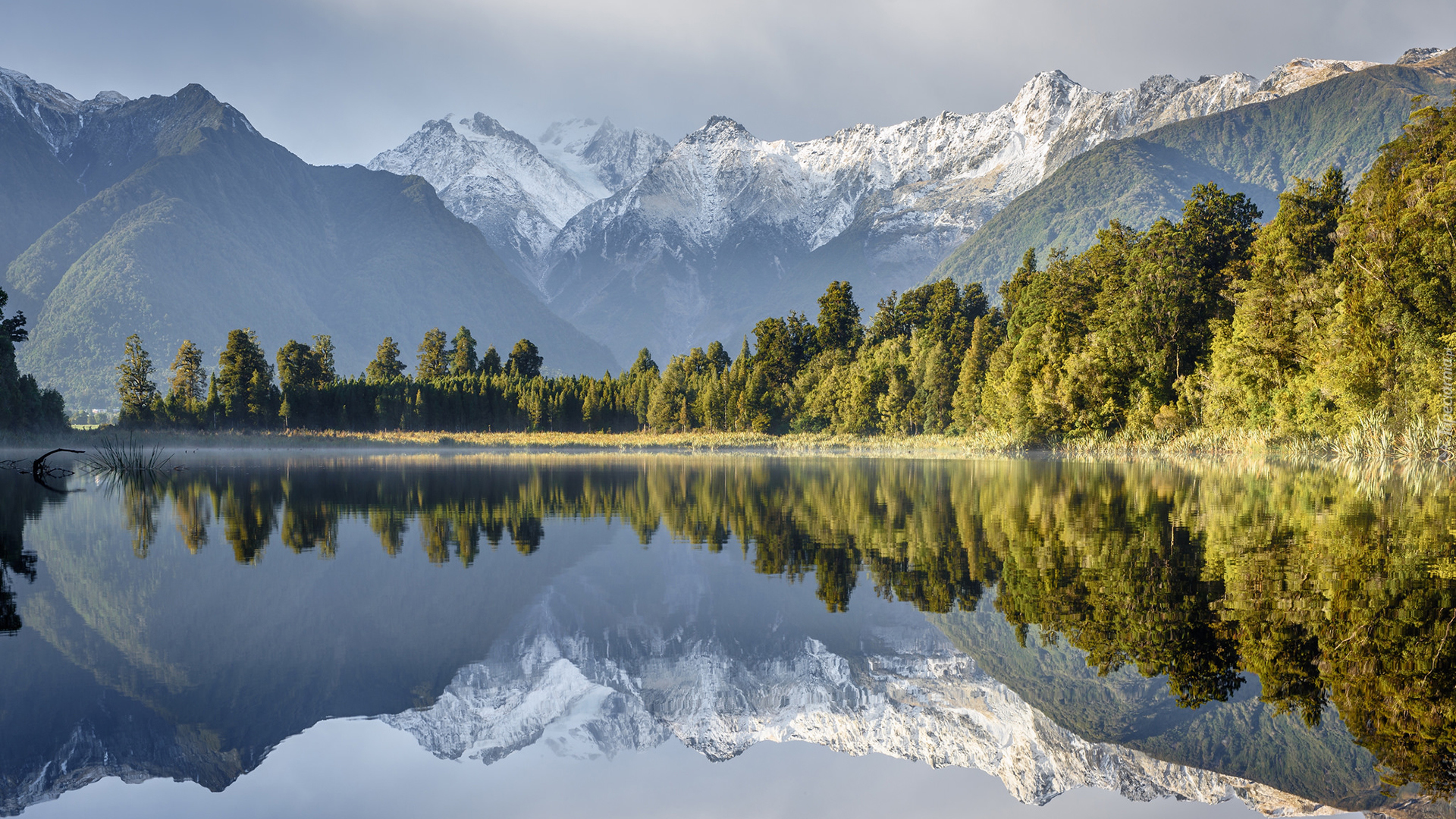 Góry Alpy Południowe, Jezioro Lake Matheson, Nowa Zelandia, Park Narodowy Góry Cooka, Las, Drzewa, Odbicie