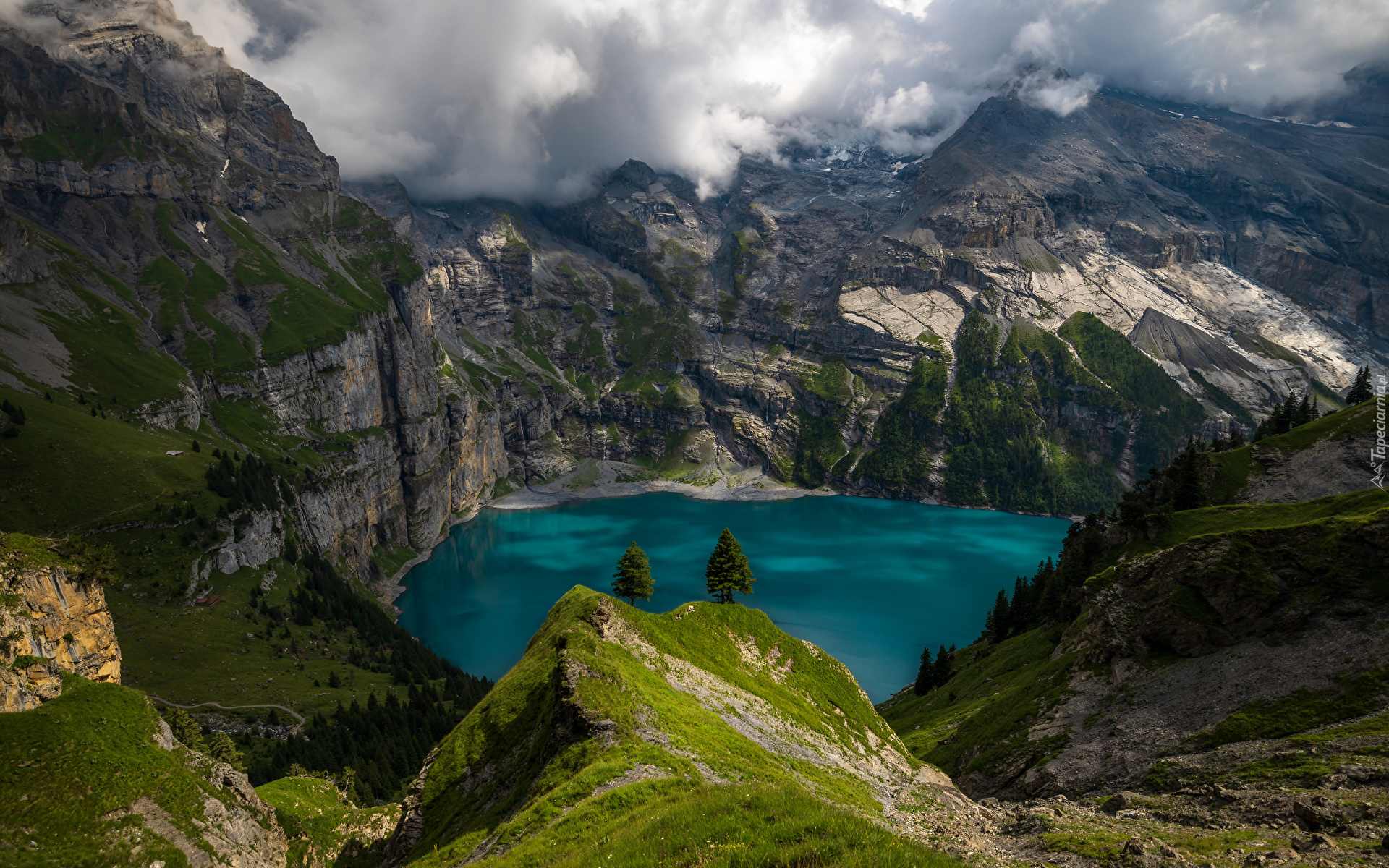 Szwajcaria, Góry, Alpy, Jezioro, Oeschinen Lake, Drzewa, Chmury