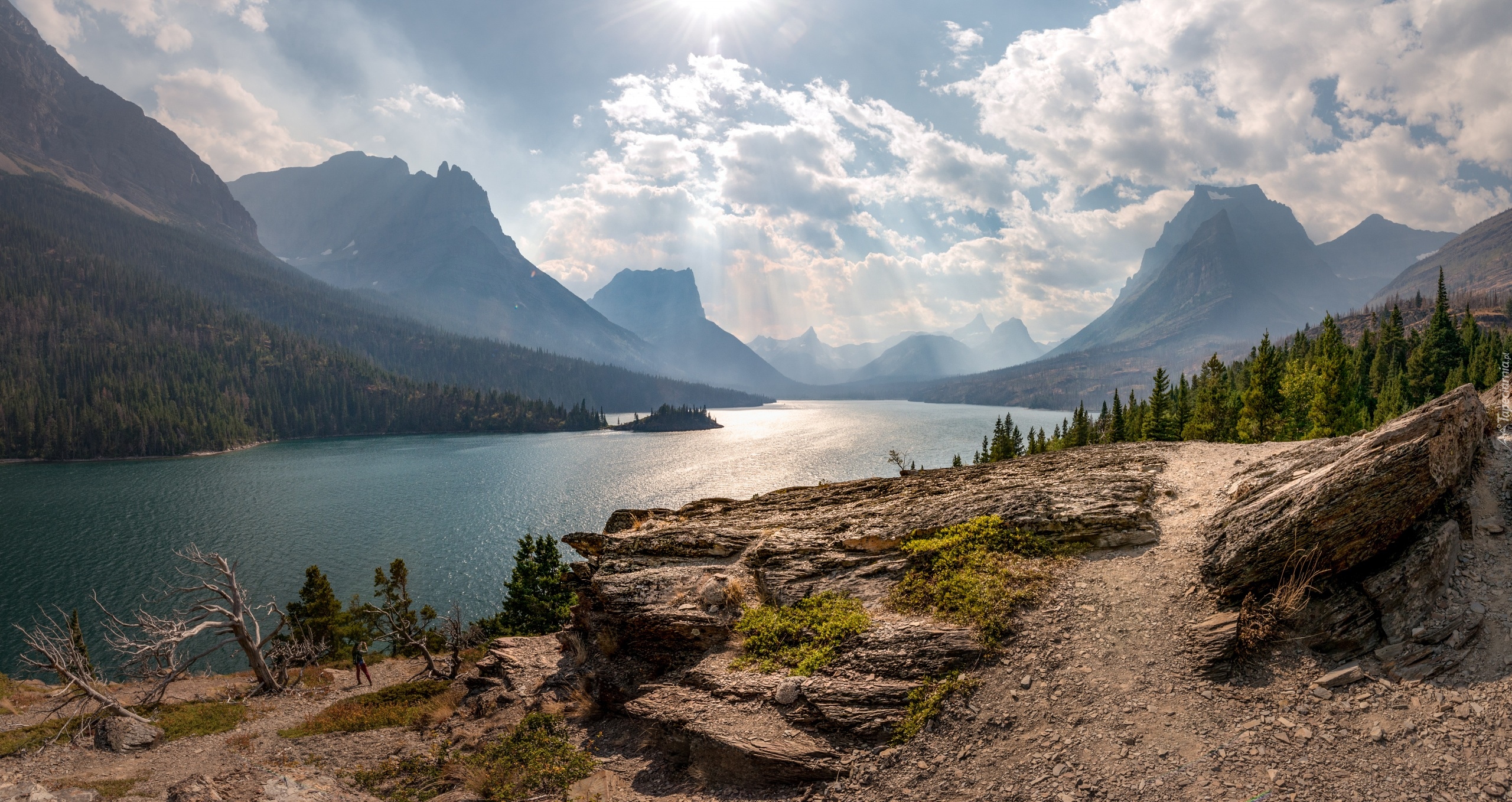 Jezioro, Saint Mary Lake, Góry, Park Narodowy Glacier, Montana, Stany Zjednoczone