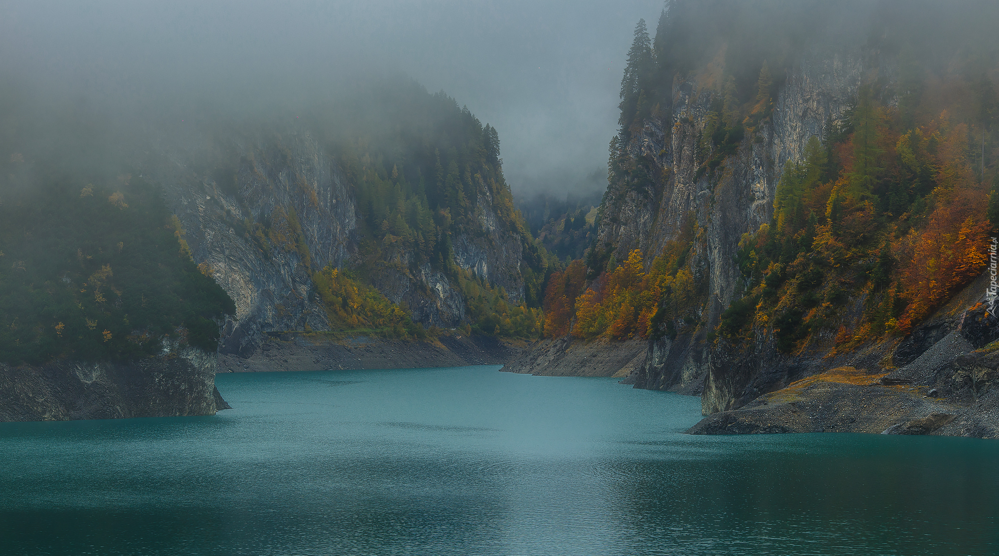 Jesień, Góry, Jezioro, Mgła