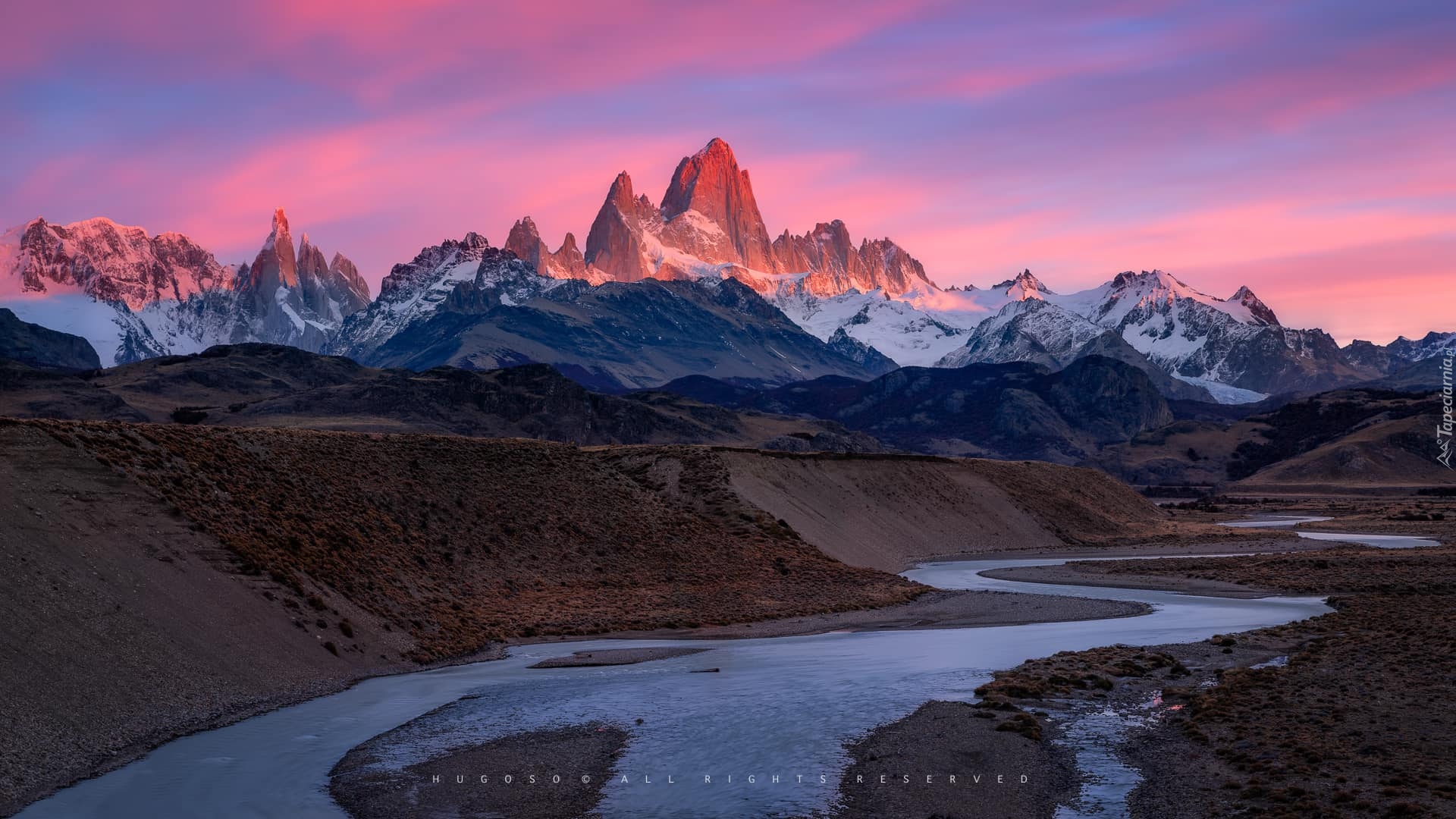 Argentyna, Patagonia, Góry, Andy, Szczyt, Fitz Roy, Wschód słońca, Rzeka, Park Narodowy Los Glaciares