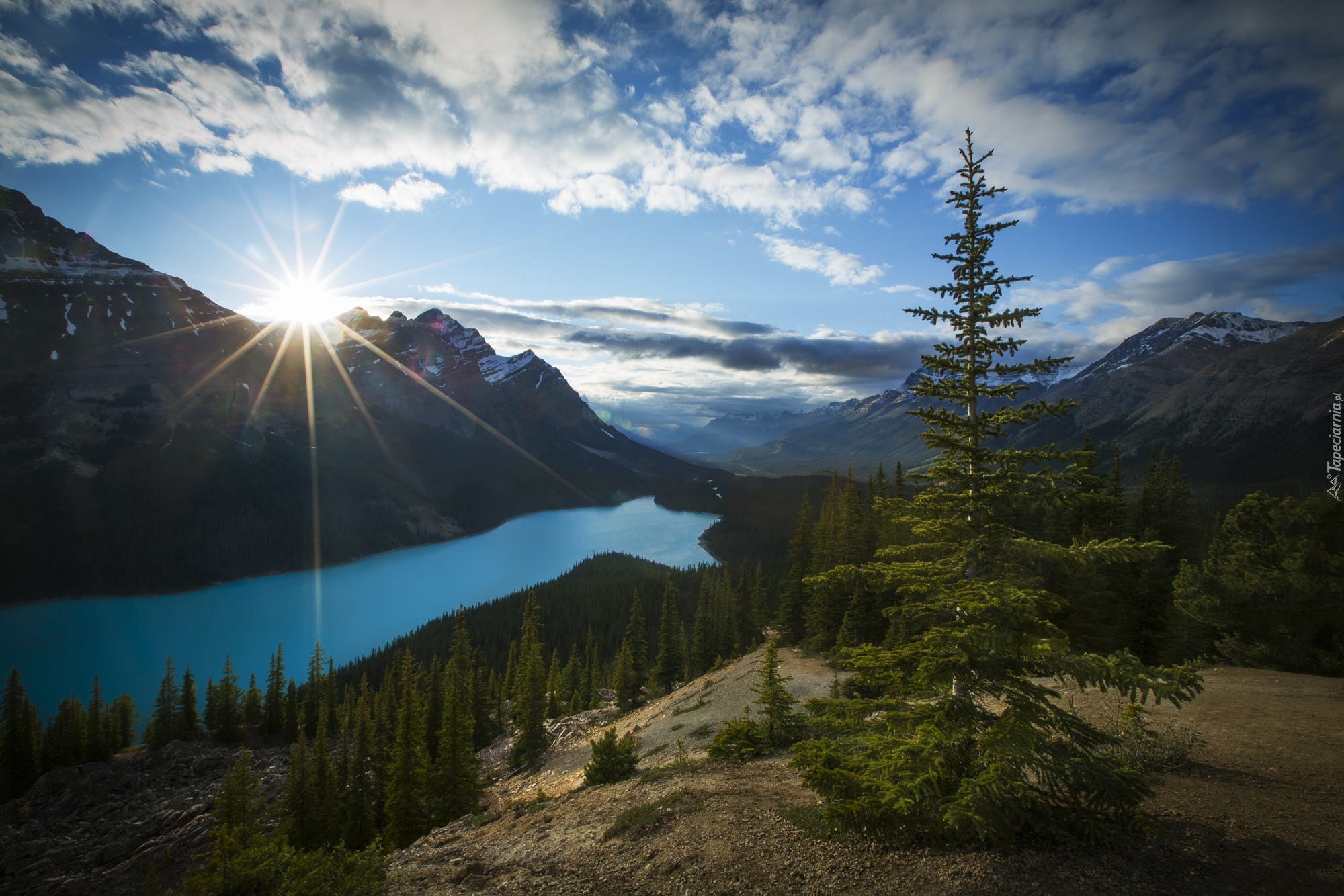 Park Narodowy Banff, Jezioro, Peyto Lake, Góry, Canadian Rockies, Lasy, Chmury, Promienie słońca, Alberta, Kanada