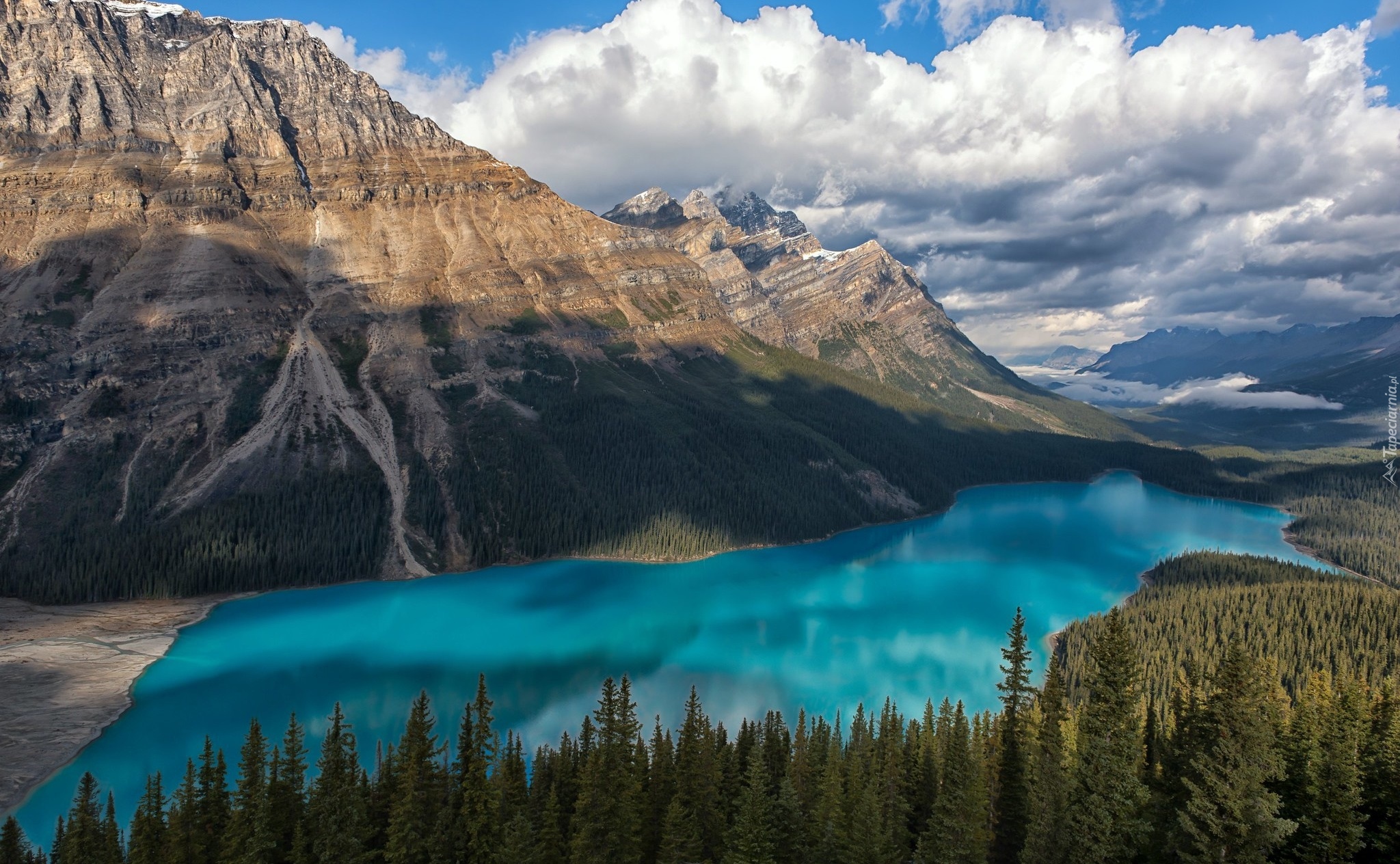 Góry, Canadian Rockies, Chmury, Jezioro Peyto Lake, Drzewa, Park Narodowy Banff, Alberta, Kanada