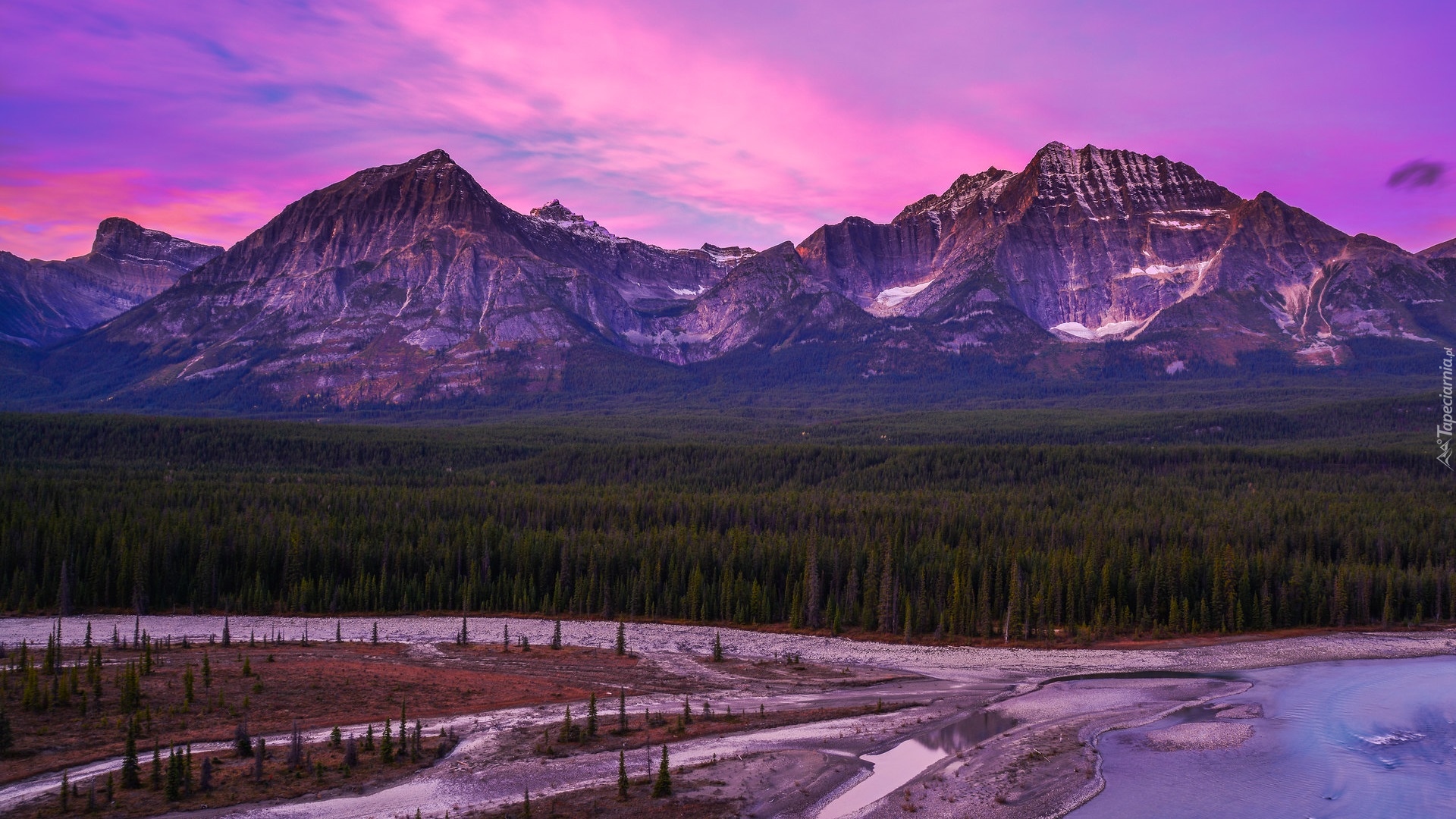Góry, Canadian Rockies, Las, Różowe, Niebo, Park Narodowy Jasper, Rzeka, Kanada