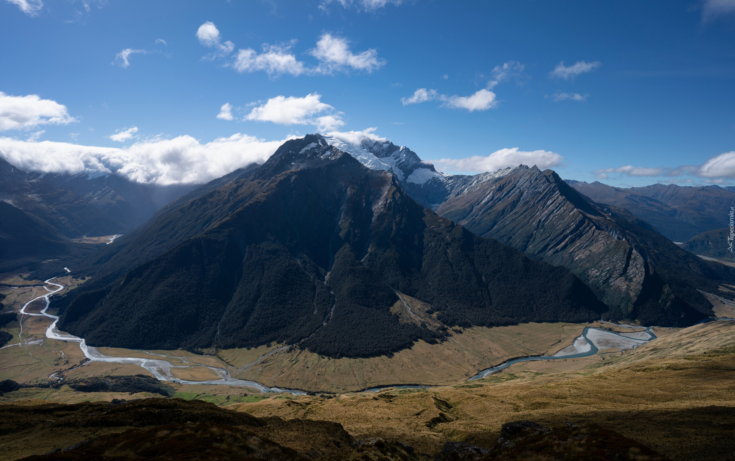 Nowa Zelandia, Queenstown, Wyspa Południowa, Niebo, Góry, Rzeka, Tasman River, Dolina