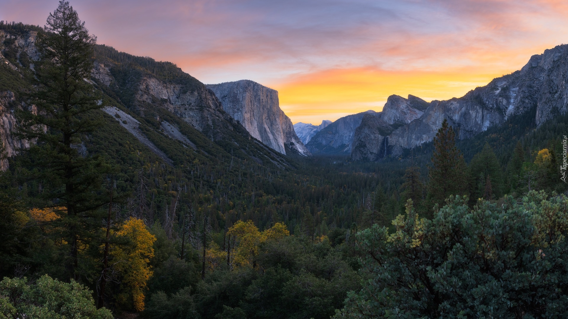 Góry, Las, Drzewa, Park Narodowy, Yosemite, Zachód słońca, Stan Kalifornia, Stany Zjednoczone