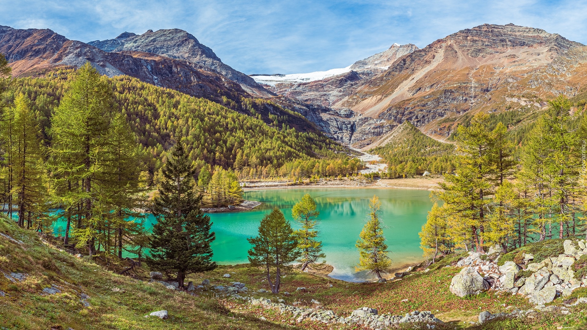 Góry, Las, Drzewa, Jezioro, Palu Lake, Kamienie, Szwajcaria