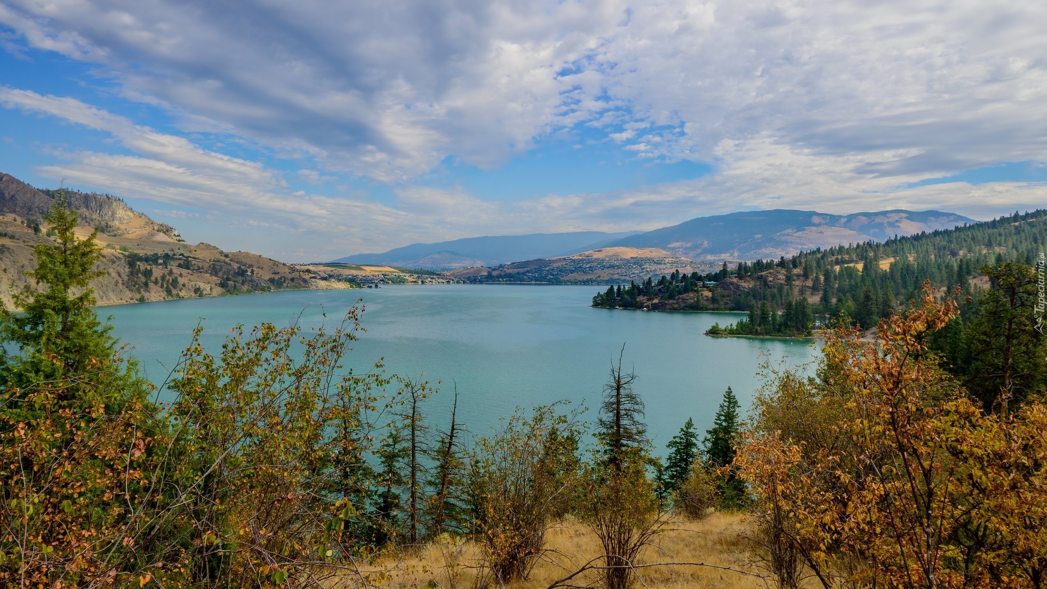 Góry, Jezioro, Kalamalka Lake, Drzewa, Vernon, Kolumbia Brytyjska, Kanada