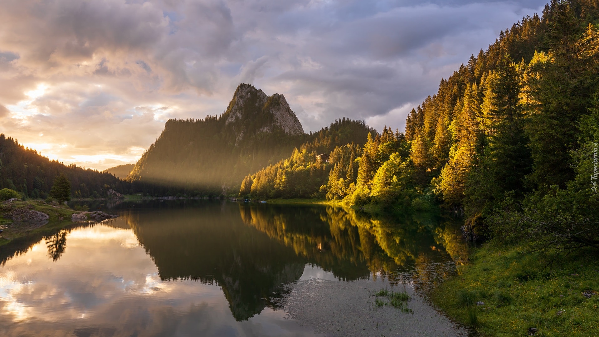 Góry, Jezioro, Lac de Taney, Drzewa, Chmury, Szwajcaria