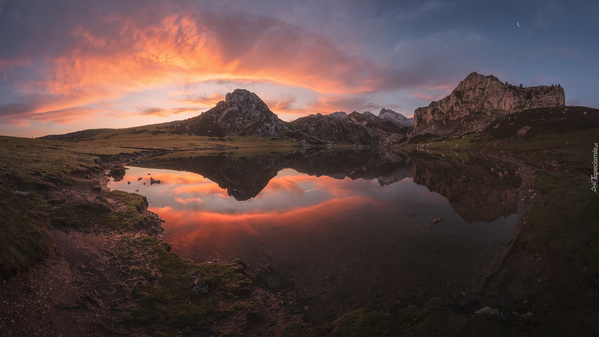 Hiszpania, Asturia, Góry, Jezioro, Lake Covadonga, Zachód słońca