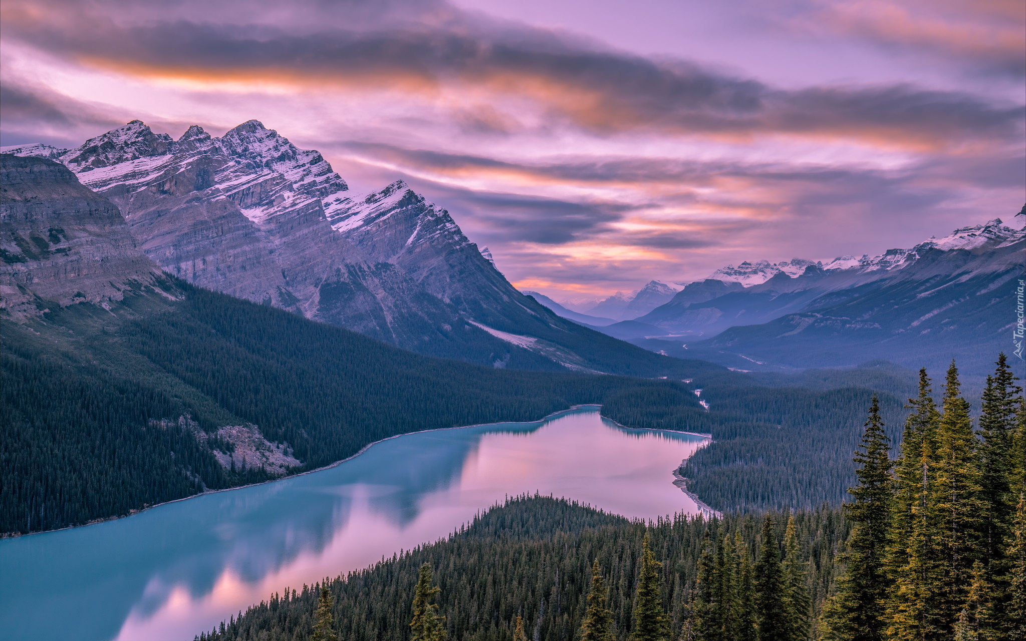 Zachód słońca, Góry, Jezioro, Peyto Lake, Park Narodowy Banff, Prowincja Alberta, Kanada